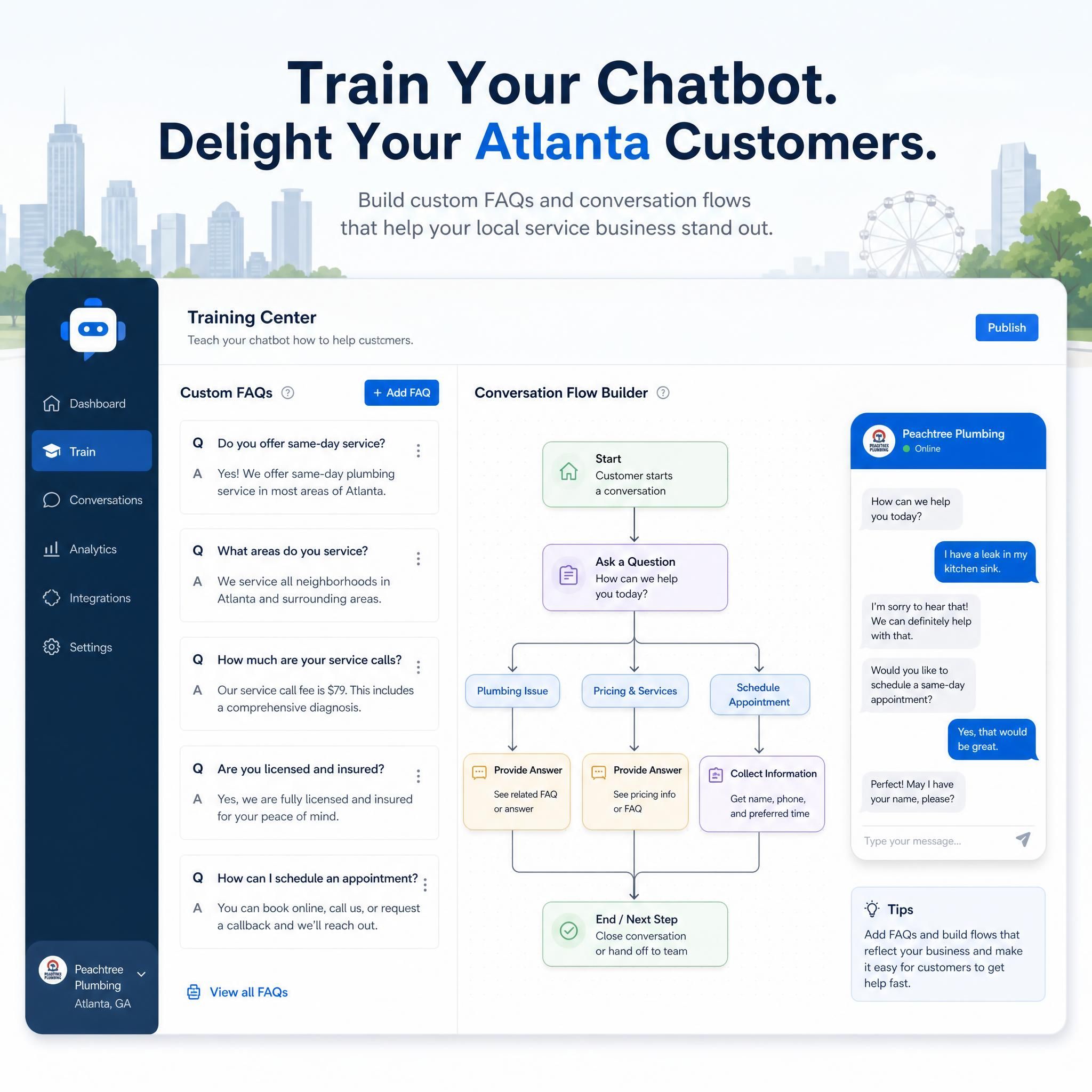 Chatbot training interface showing custom FAQ inputs and conversation flow builder for a local Atlanta service business