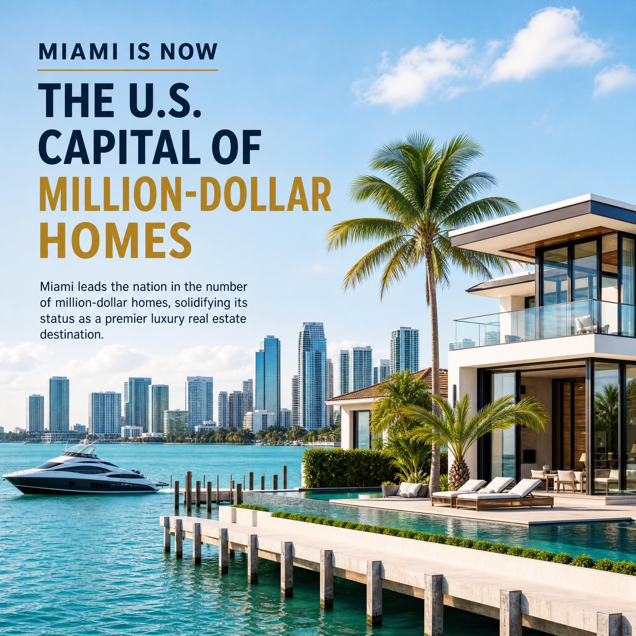 Miami Beach luxury waterfront estate with Biscayne Bay and downtown Miami skyline in the background, representing the city's new status as the U.S. capital of million-dollar homes