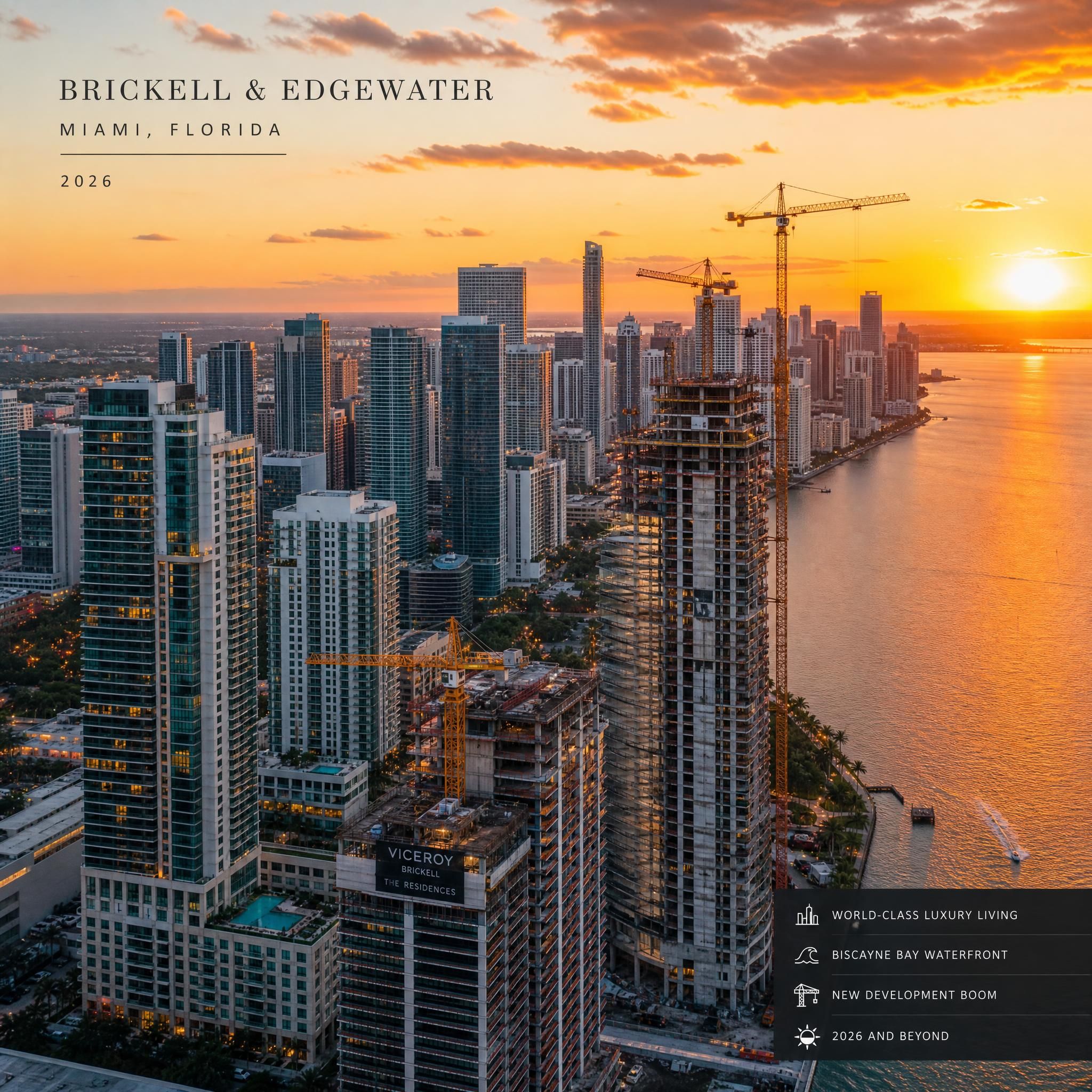 Aerial sunset view of Miami's Brickell and Edgewater luxury skyline with Biscayne Bay waterfront towers under construction in 2026