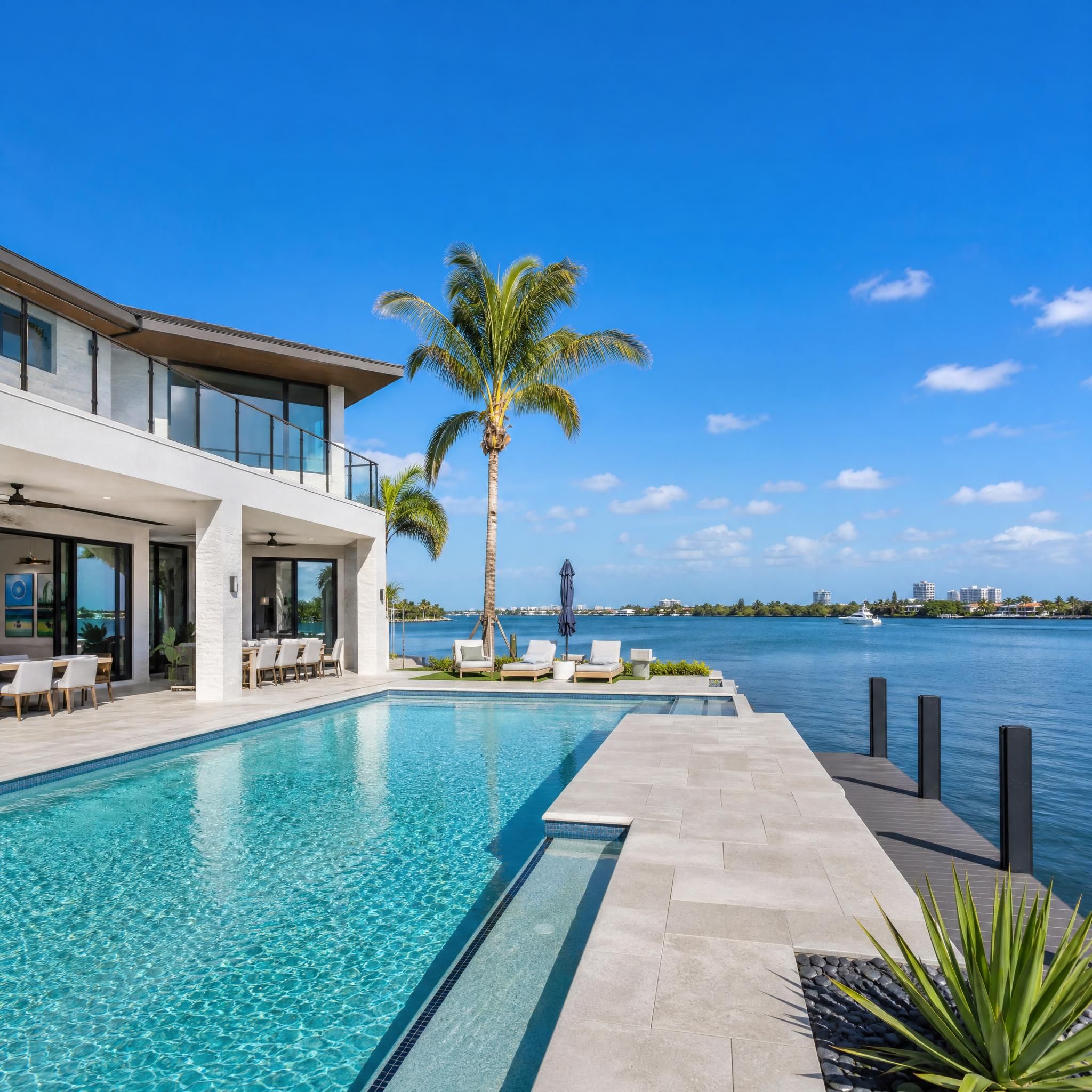 Professional real estate photography of a luxury South Florida waterfront property with pool and ocean view, illustrating high-end property marketing in Broward County