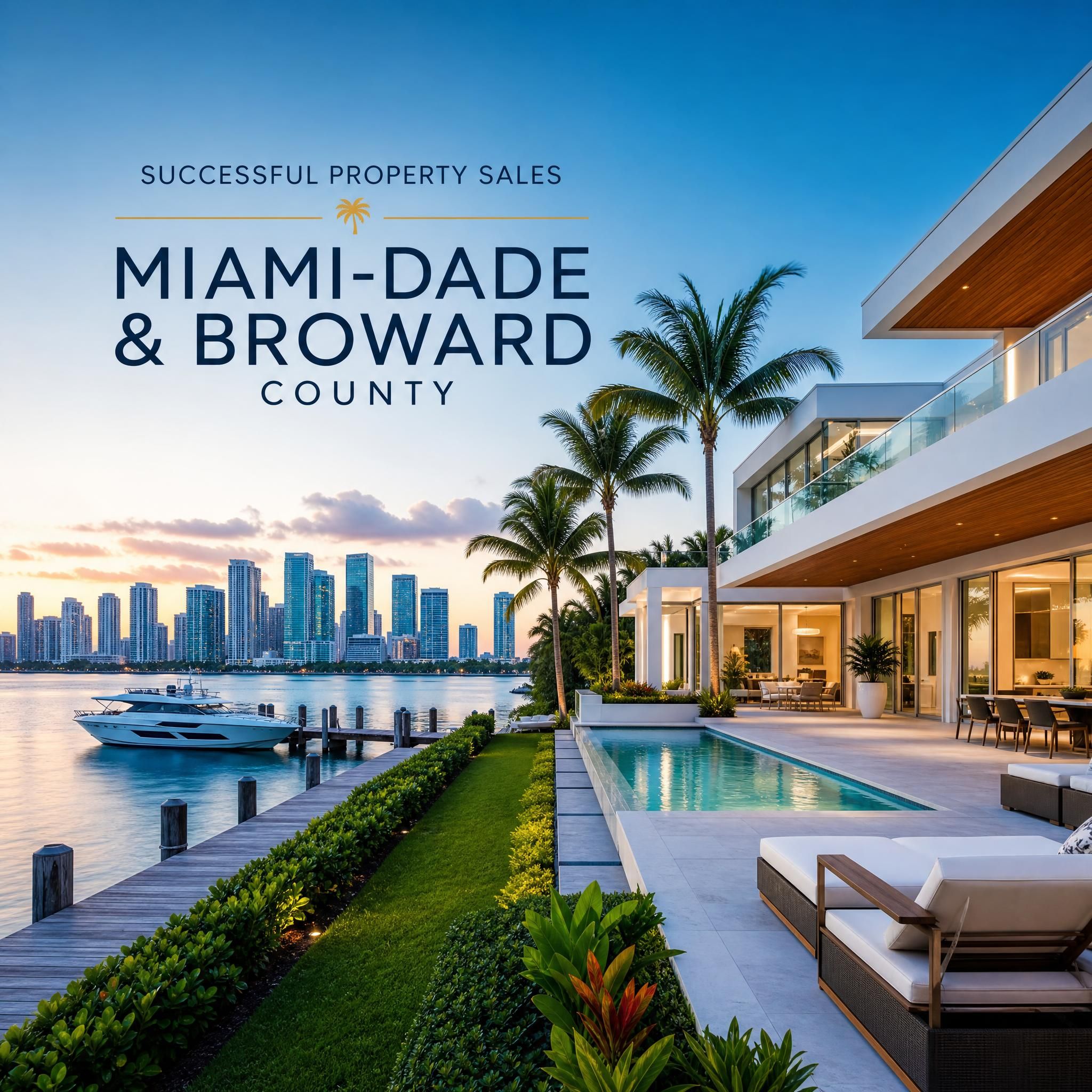 Stunning waterfront luxury home in South Florida with Miami skyline in background, representing successful property sales in Miami-Dade and Broward County