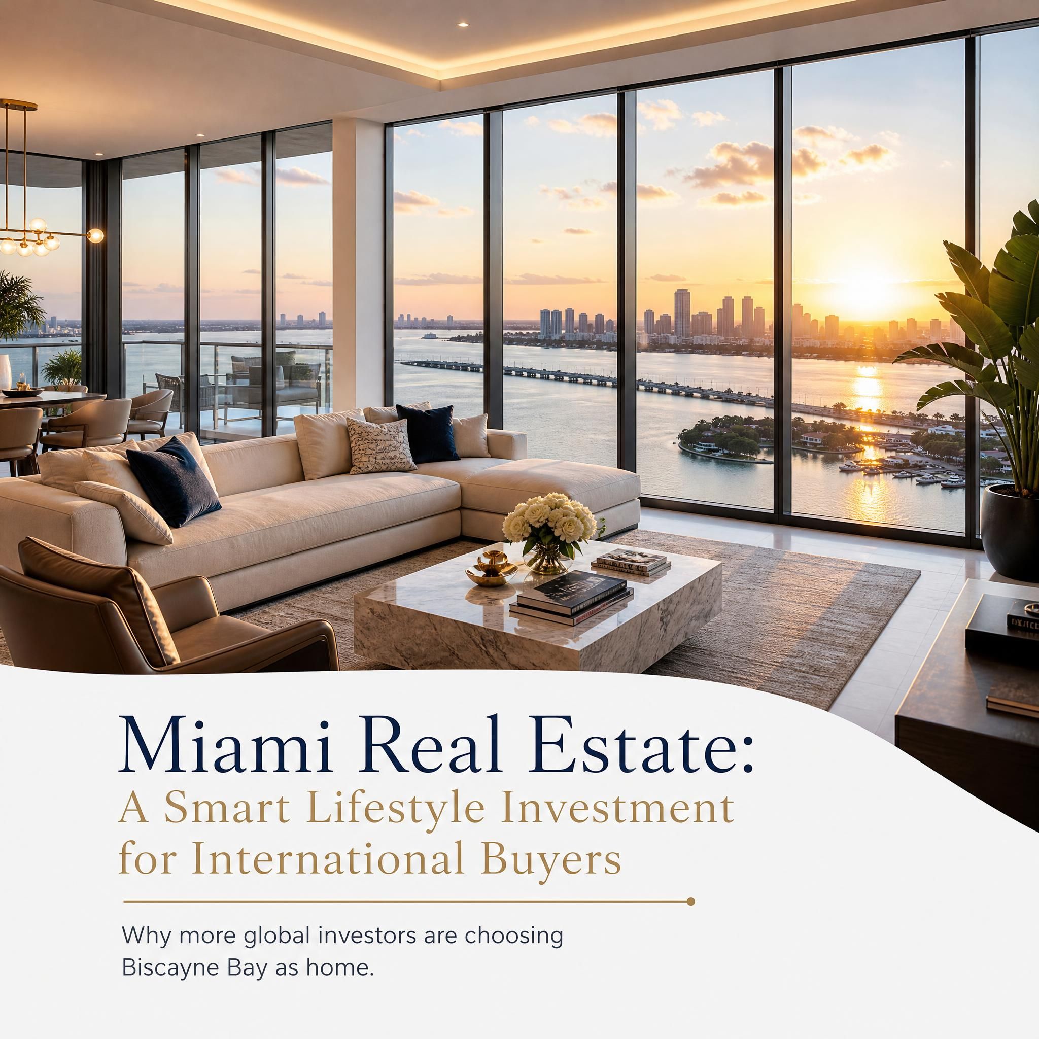 Modern luxury condo living room with floor-to-ceiling windows overlooking Biscayne Bay at golden hour, representing international buyer lifestyle investment