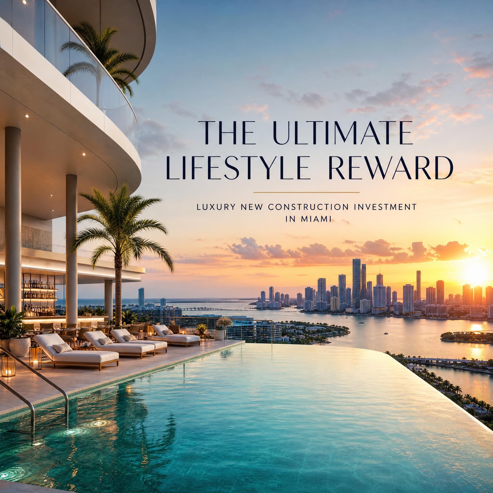 Rooftop infinity pool at a Miami luxury tower with panoramic views of Biscayne Bay and the city skyline at sunset, representing the ultimate lifestyle reward of luxury new construction investment