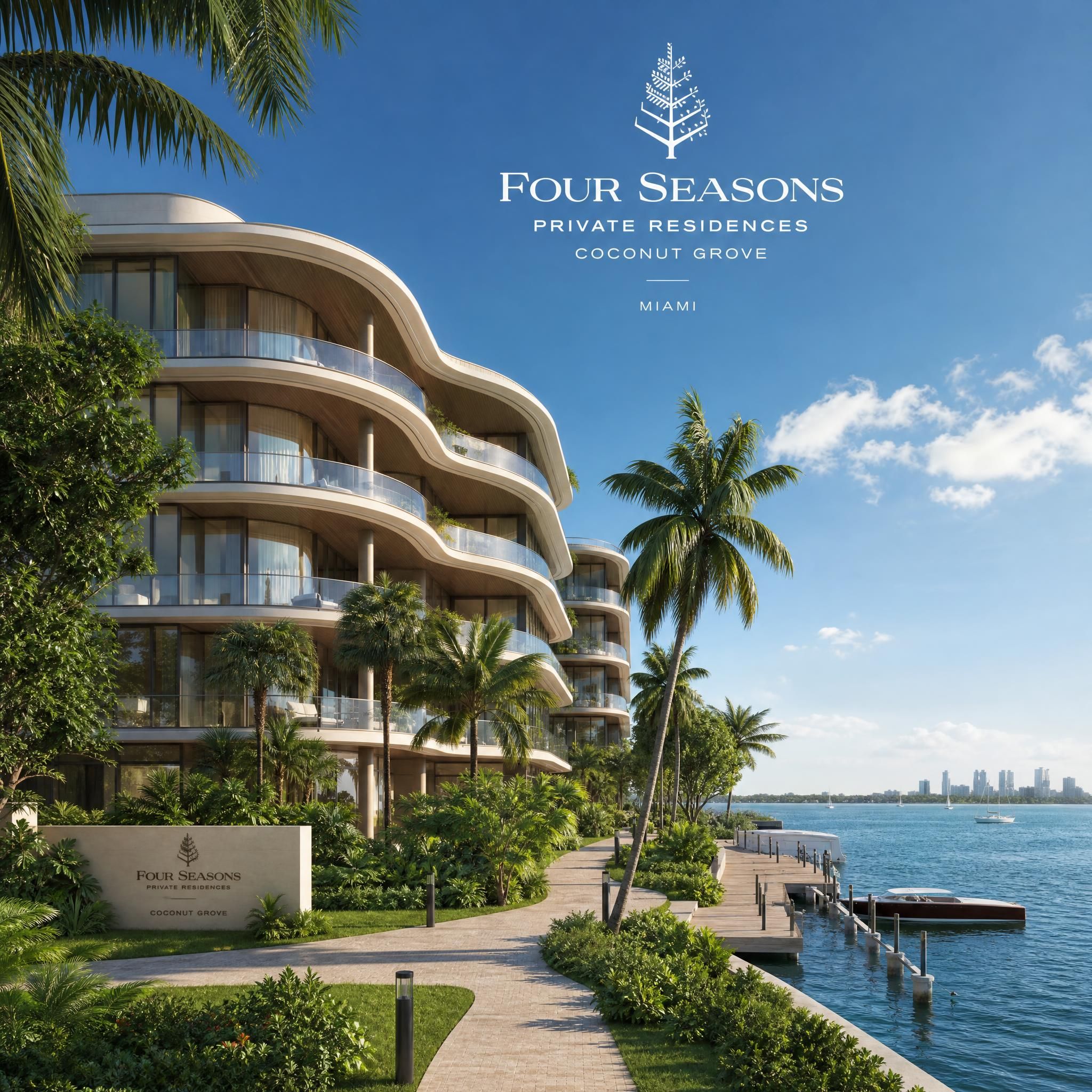 Four Seasons Private Residences Coconut Grove exterior view with lush tropical landscaping and Biscayne Bay waterfront access