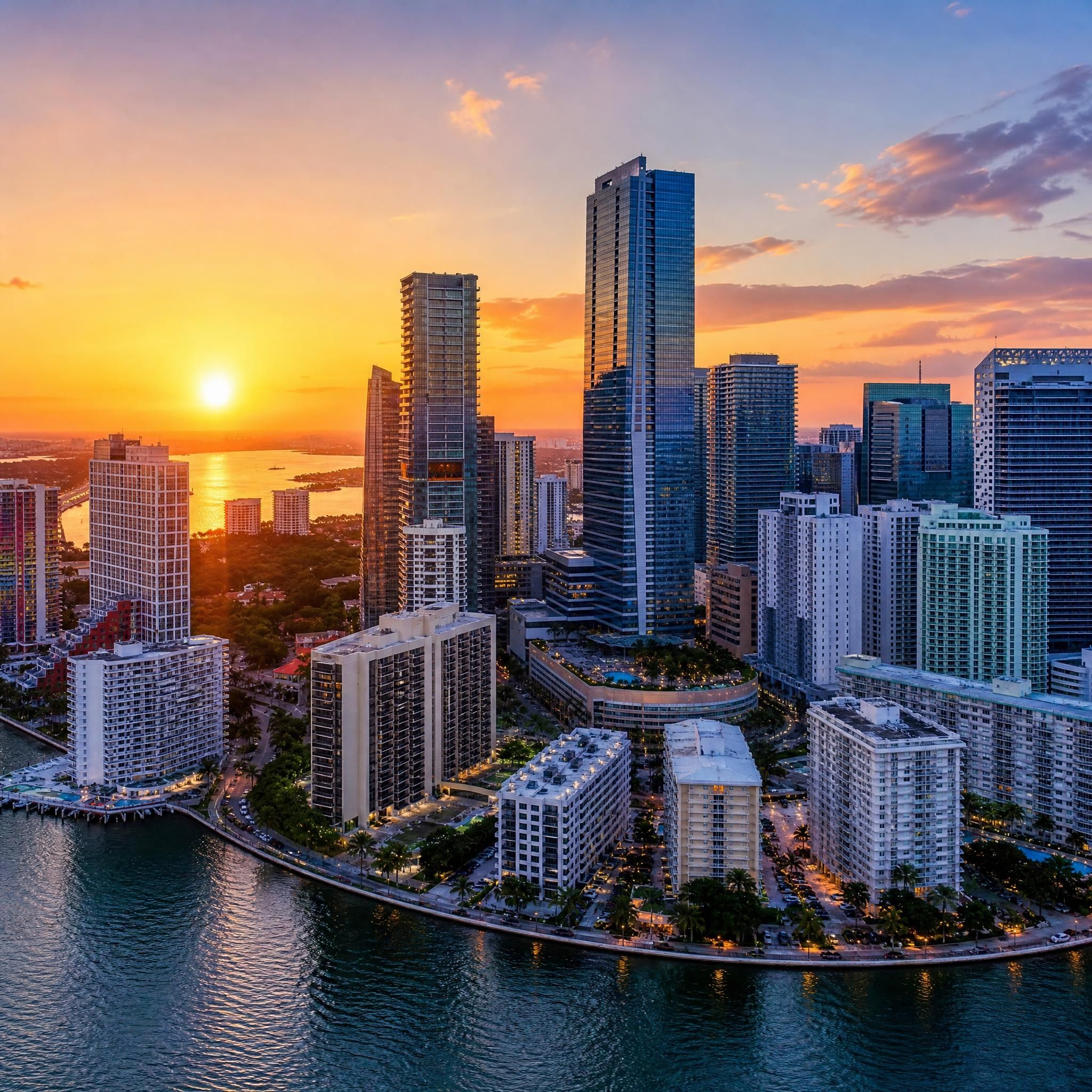 Aerial sunset view of Miami's Brickell skyline with luxury high-rise towers reflecting over Biscayne Bay waterfront