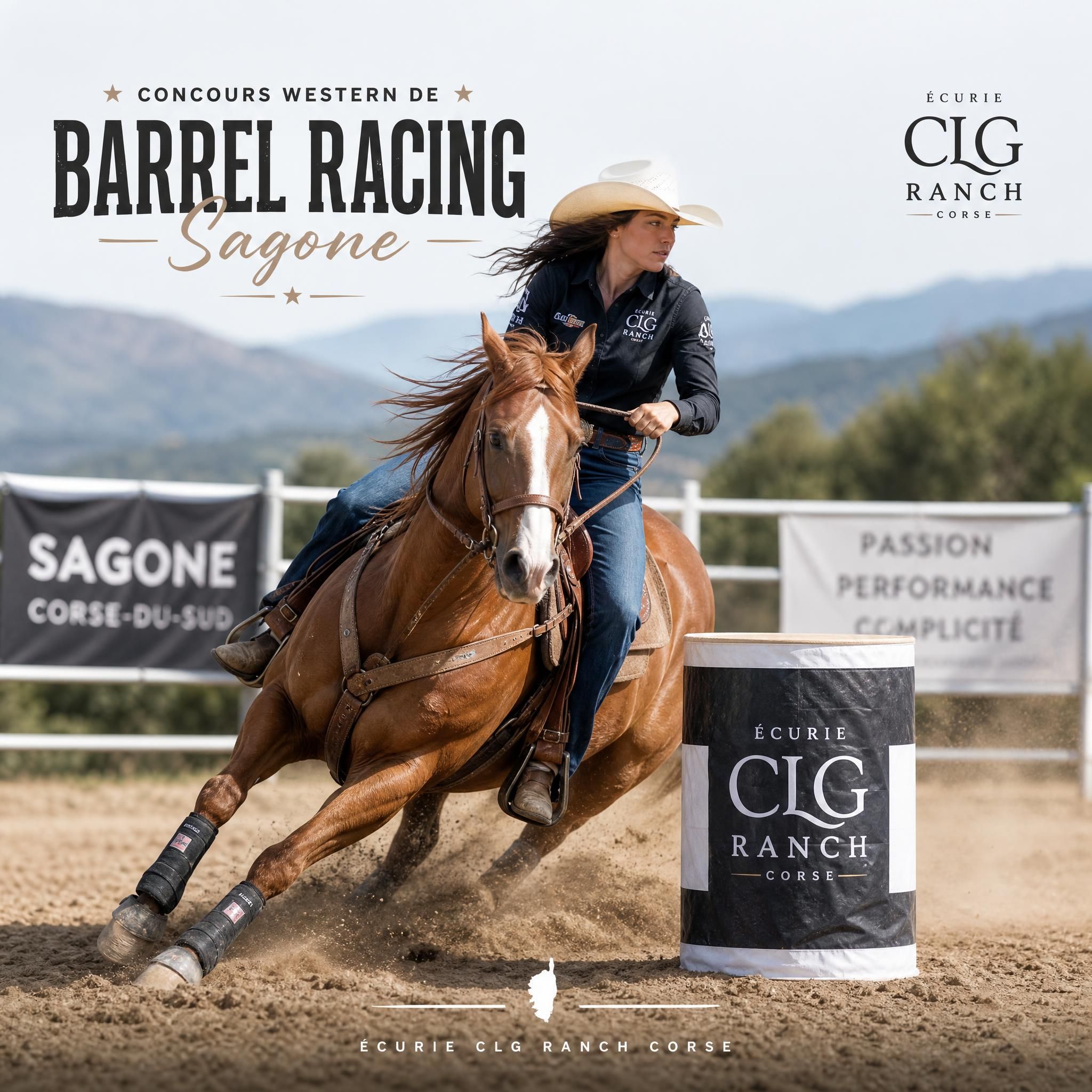 Cavalier en action lors du Barrel Racing au concours western de Sagone, Écurie CLG Ranch Corse, Corse-du-Sud