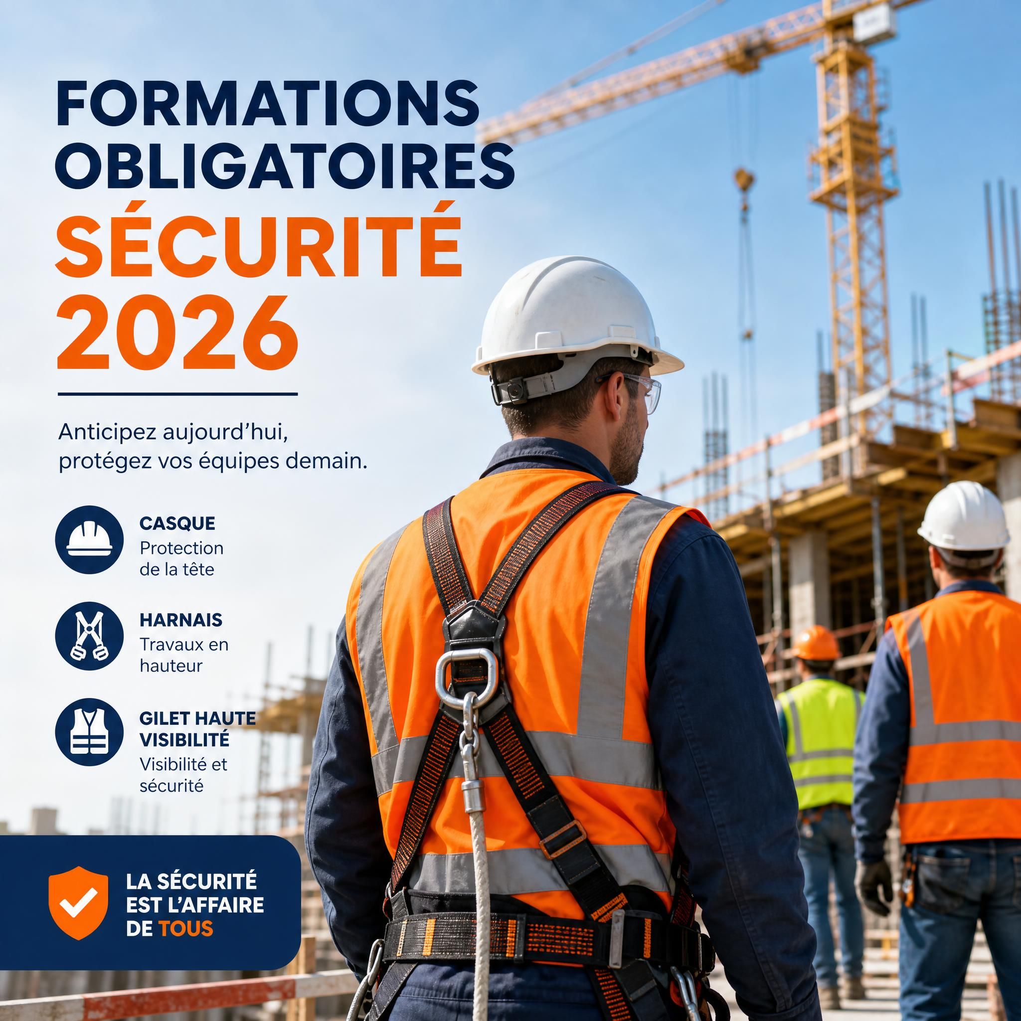 Chantier BTP avec travailleurs portant des EPI - casque, harnais, gilet haute visibilité - formations obligatoires sécurité 2026