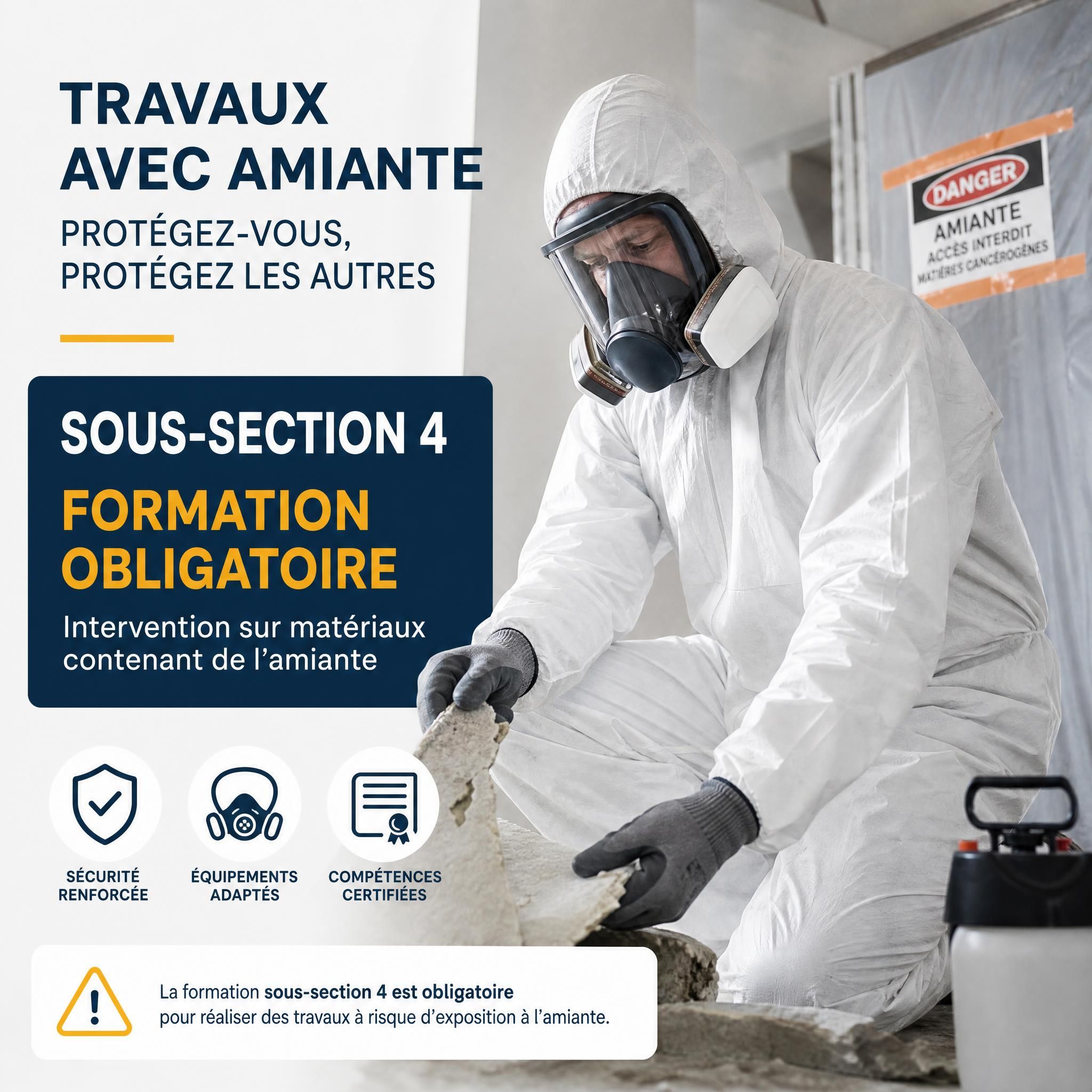 Travailleur BTP en combinaison de protection contre l'amiante avec masque respiratoire - formation sous-section 4 obligatoire