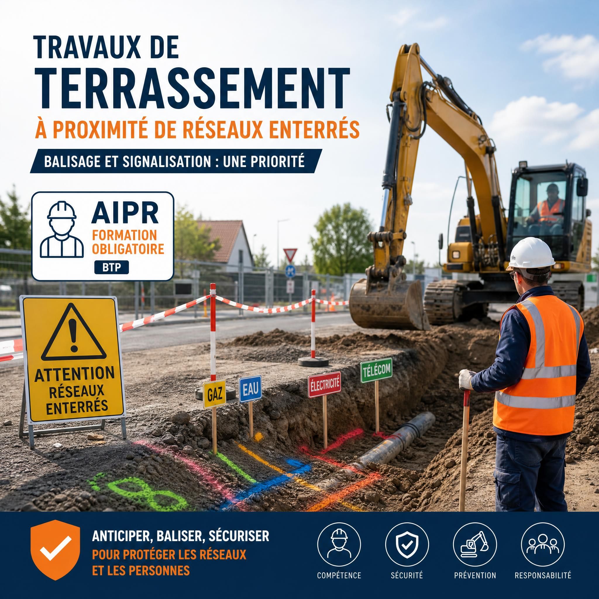 Travaux de terrassement à proximité de réseaux enterrés avec balisage et signalisation - AIPR formation obligatoire BTP