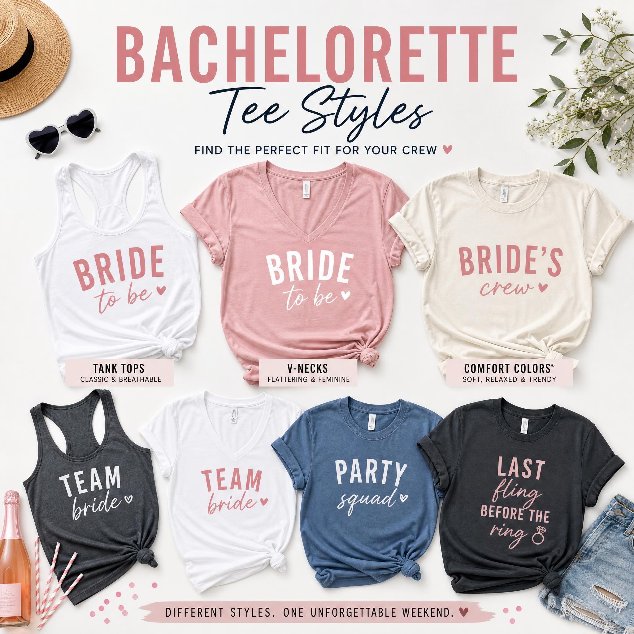 Flat lay of different bachelorette tee shirt styles including tank tops, v-necks, and Comfort Colors tees