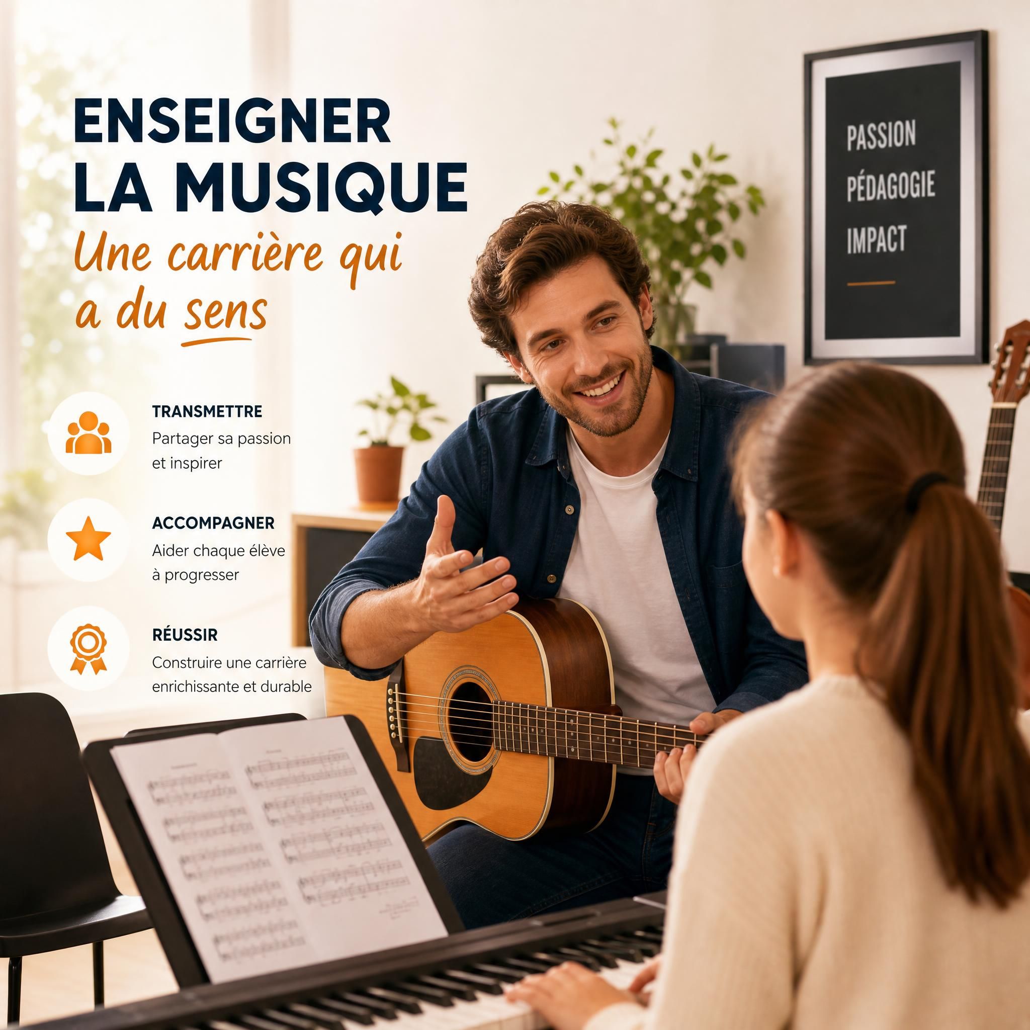 Musicien professionnel donnant un cours de musique à un élève, ambiance chaleureuse et moderne, représentant la réussite d'une carrière dans l'enseignement musical