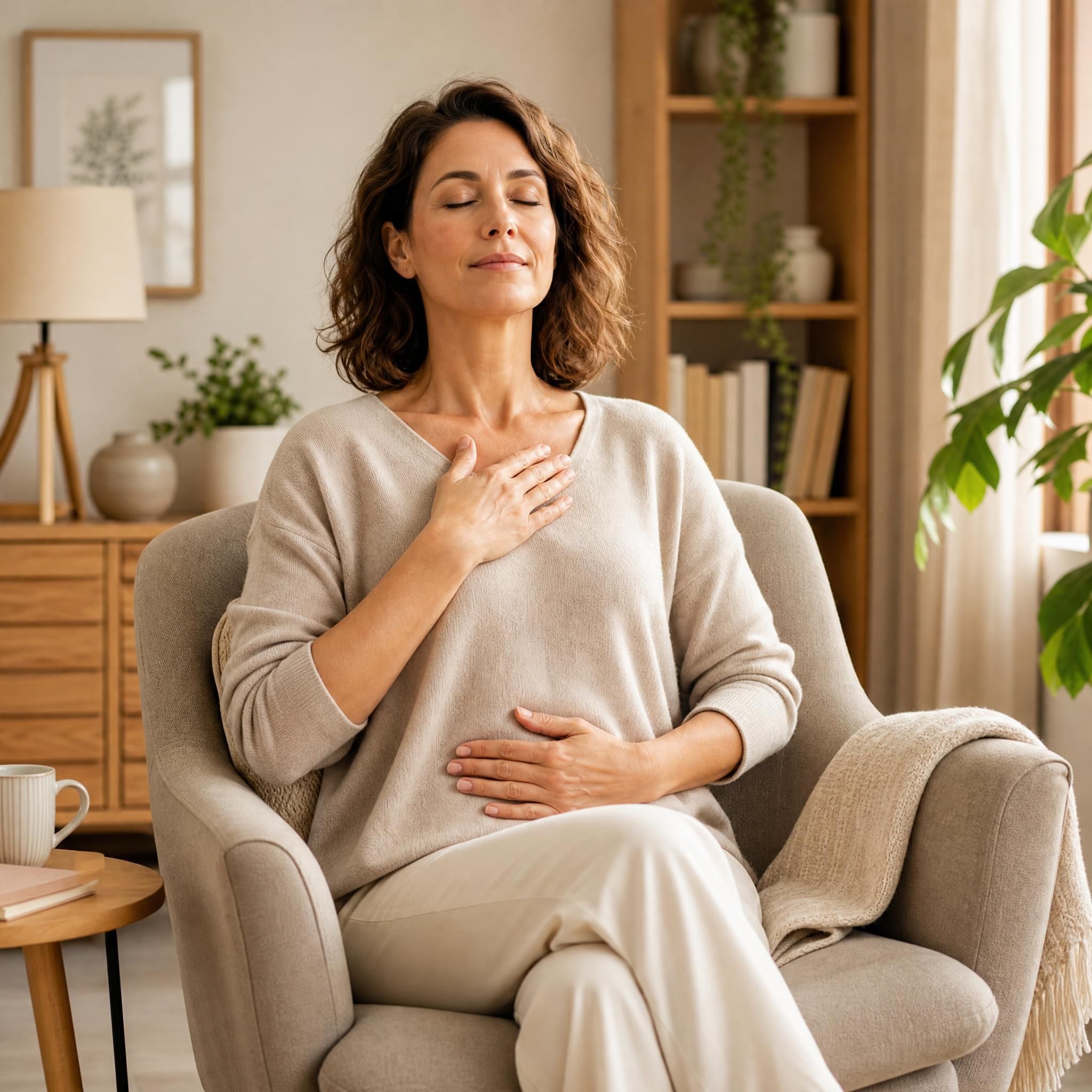 femme d'environ 40 ans pratiquant un exercice de respiration profonde, assise dans un fauteuil confortable, yeux fermés, visage serein, dans un espace intérieur chaleureux aux tons beige et bois clair