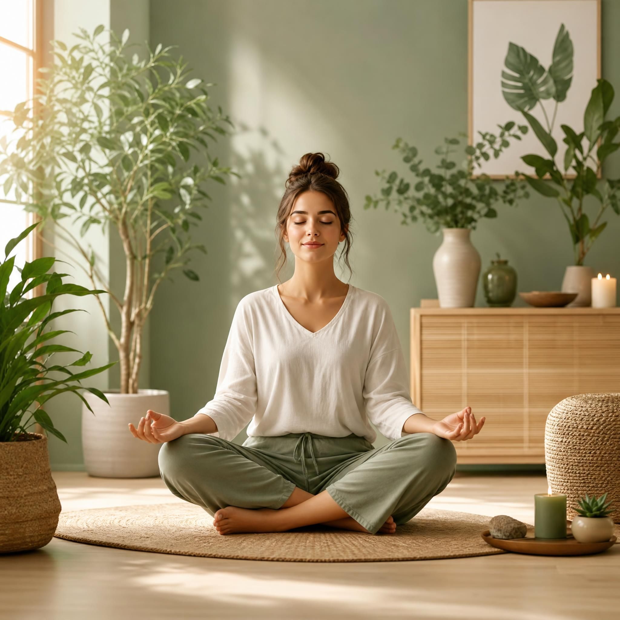 illustration apaisante d'une personne en position de relaxation, lumière douce, ambiance zen et naturelle, tons verts et beiges