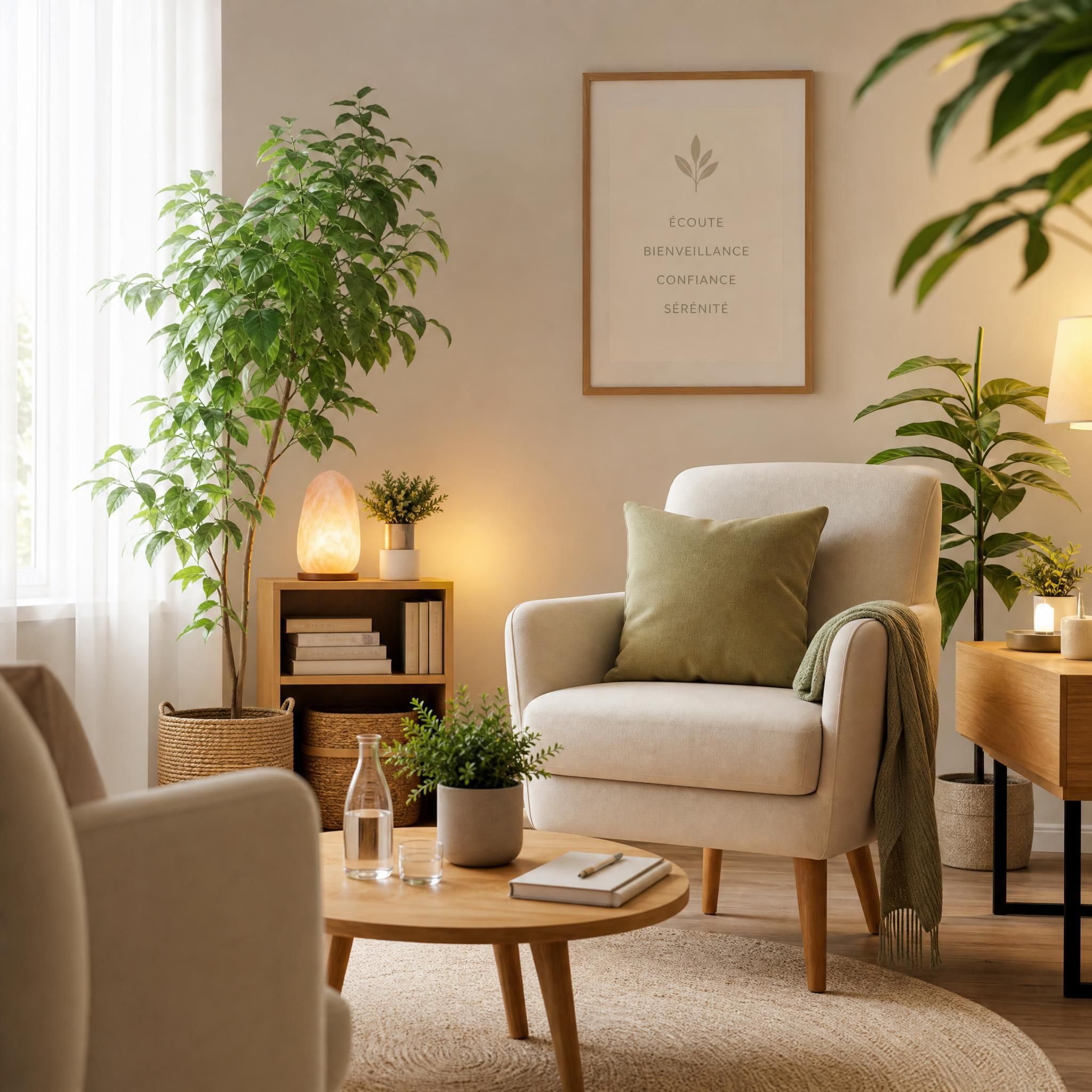 espace de consultation bien-être apaisant, fauteuil confortable, plantes vertes, lumière douce filtrée, ambiance de confiance et de sécurité intérieure