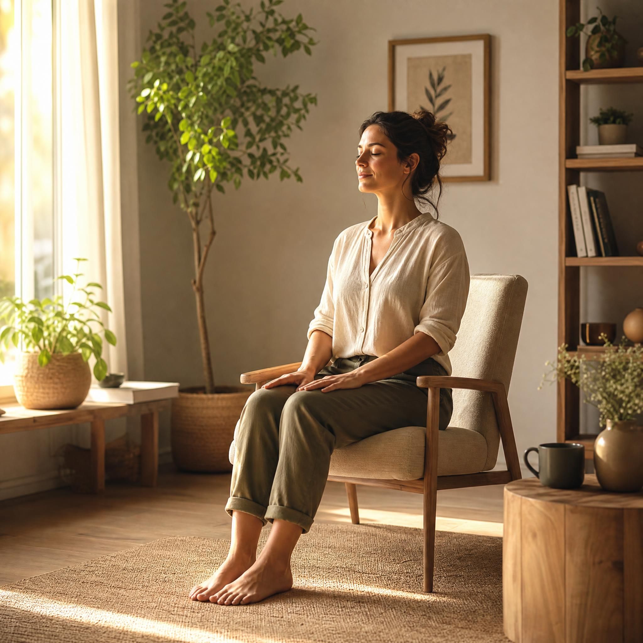 personne assise les pieds sur le sol, posture d'ancrage et de stabilité, lumière naturelle dorée, ambiance intérieure apaisante et chaleureuse