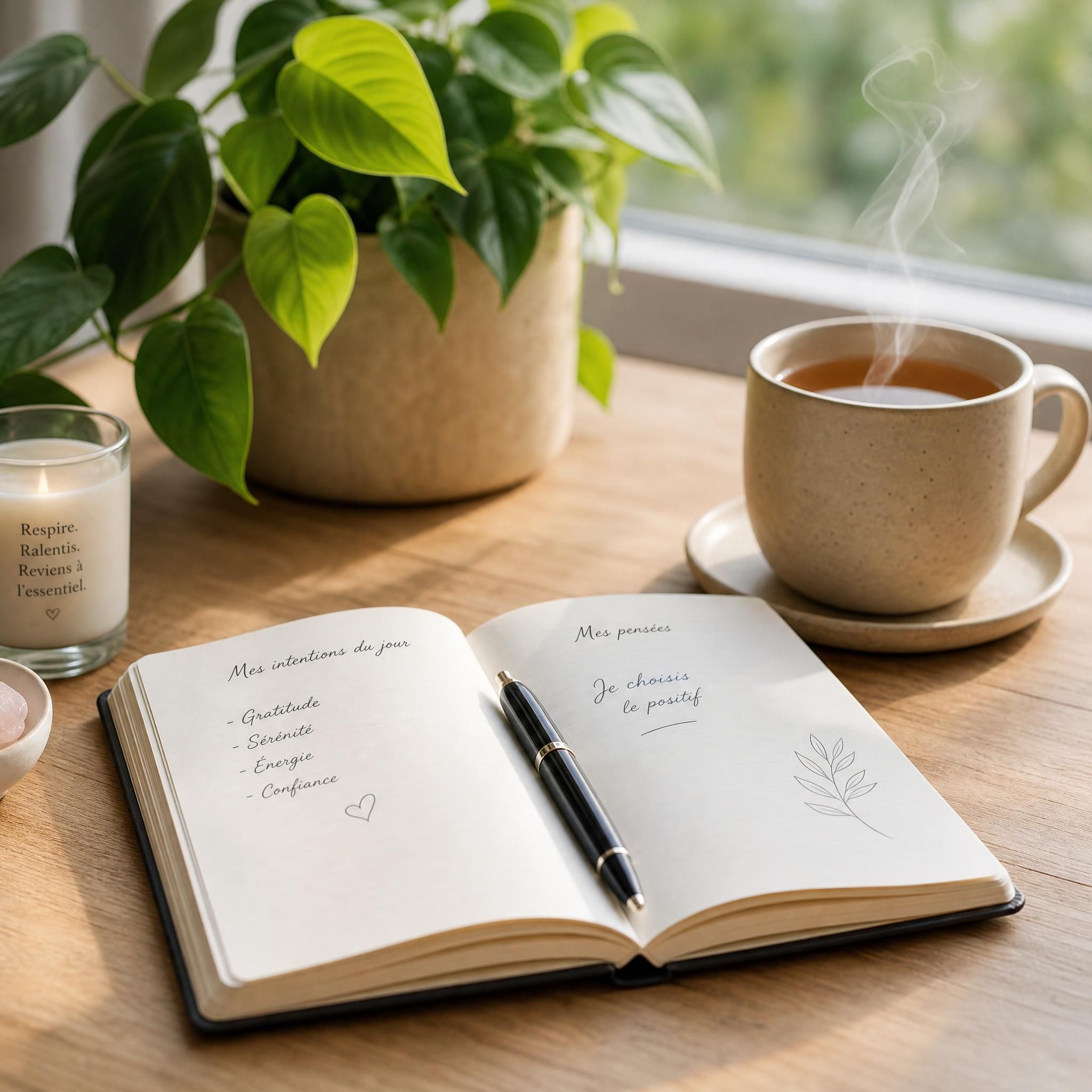 Carnet ouvert avec stylo posé dessus, tasse de thé fumante, plante verte en arrière-plan, lumière naturelle douce, ambiance rituel matinal bien-être et introspection