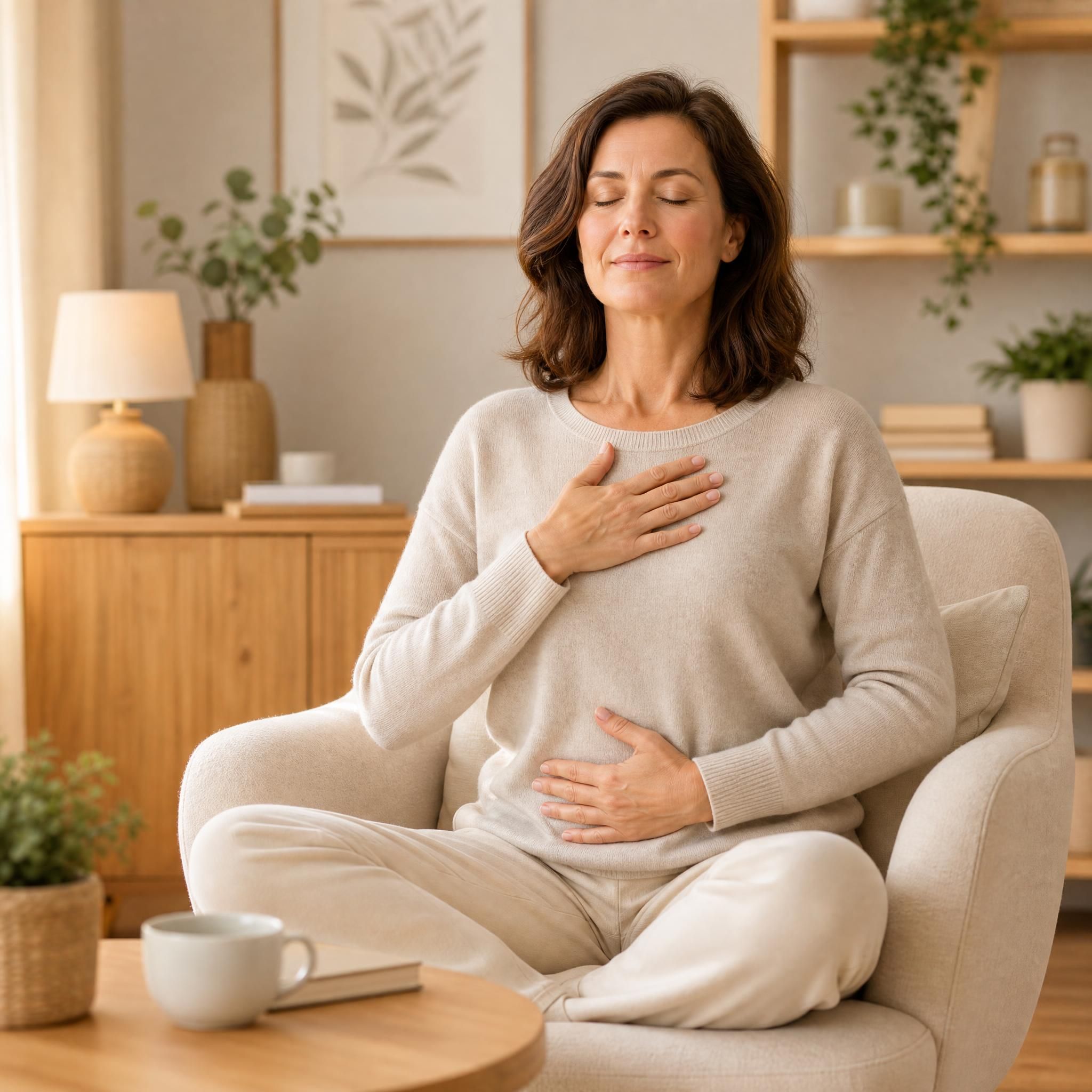 Femme d'environ 40 ans aux yeux fermés, visage serein, assise dans un fauteuil confortable en train de pratiquer un exercice de respiration profonde dans un espace chaleureux aux tons beige et bois clair