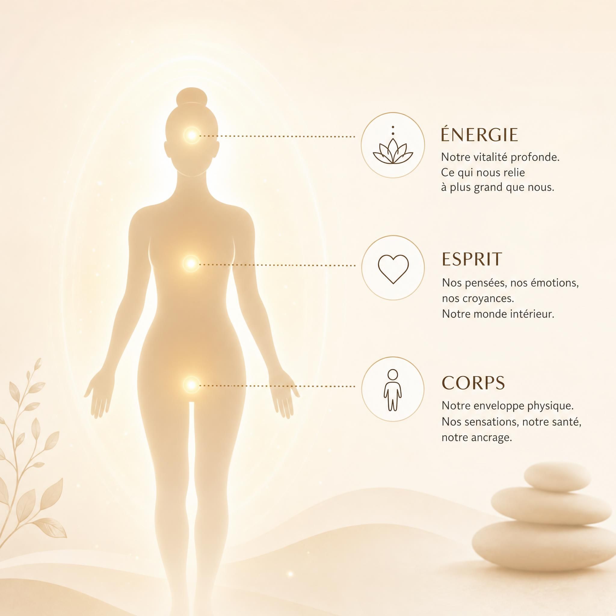 Illustration apaisante montrant les trois niveaux corps-esprit-énergie, représentée par une silhouette humaine sereine entourée d'une lumière douce dorée, dans un style épuré et minimaliste, tons beige et blanc cassé