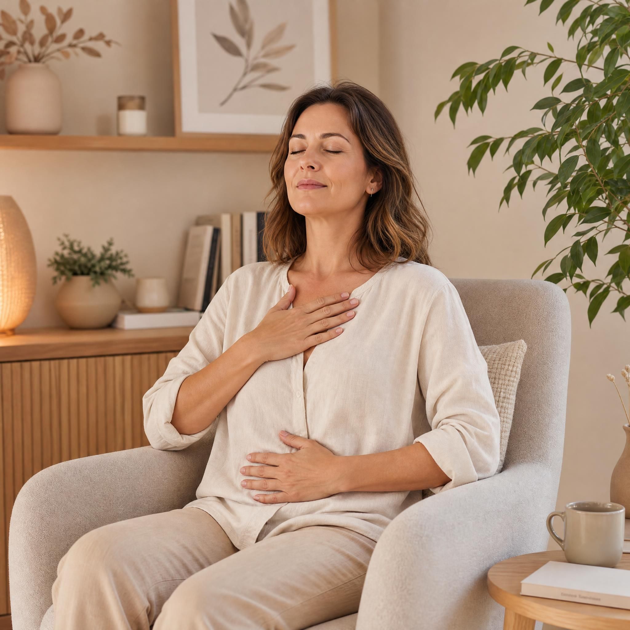 Femme d'environ 40 ans, yeux fermés, visage serein, assise dans un fauteuil confortable, pratiquant un exercice de respiration profonde dans un espace chaleureux aux tons beige et bois clair