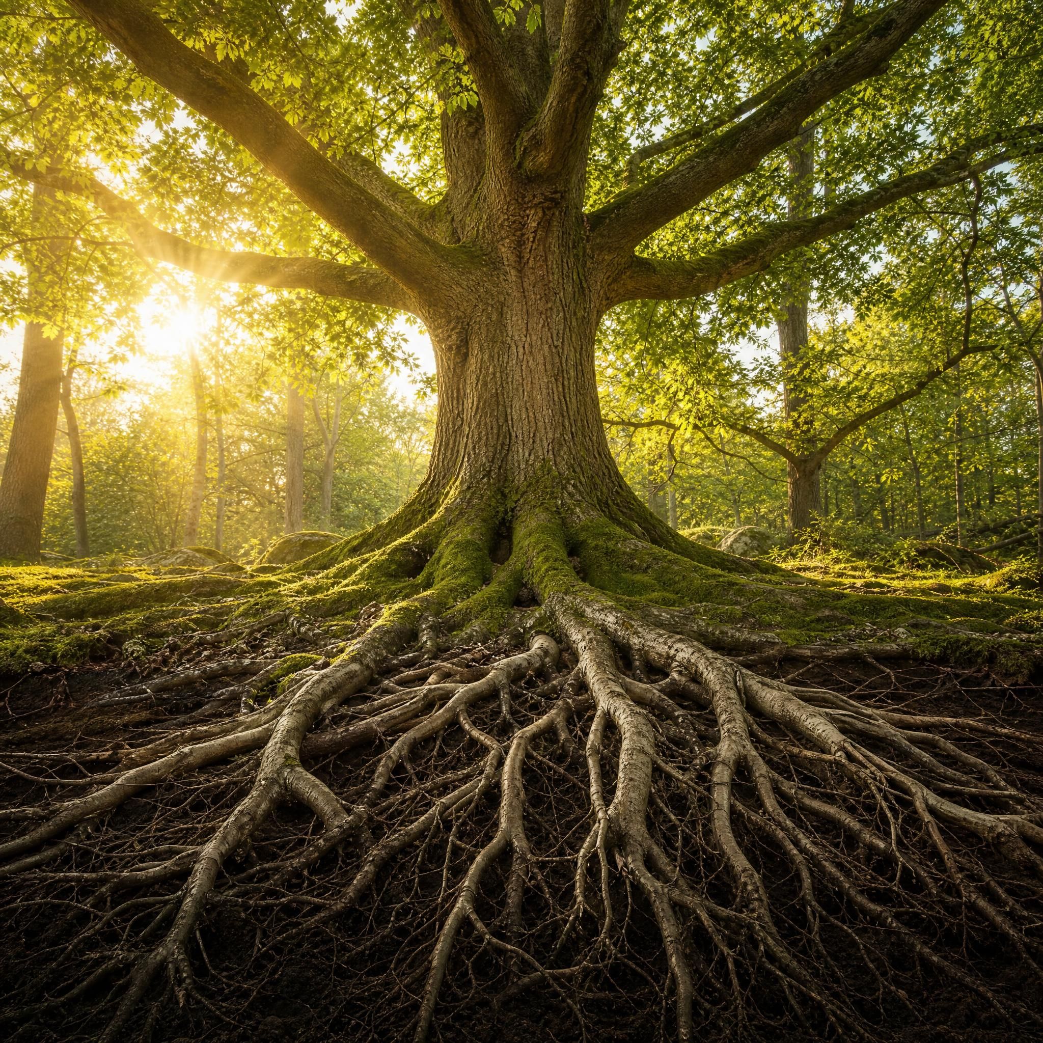 Vue sereine d'un arbre majestueux aux racines profondes et visibles dans une forêt lumineuse, lumière dorée filtrant à travers les feuilles, ambiance apaisante et stable, symbolisant l'ancrage intérieur et la stabilité