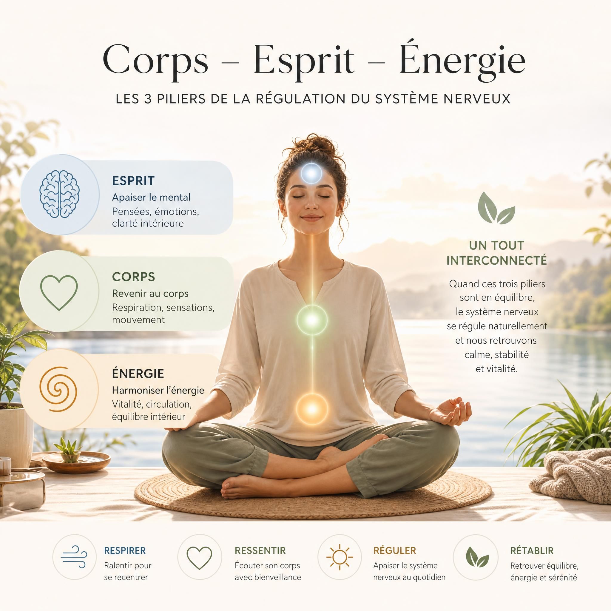 Illustration apaisante montrant les trois niveaux corps-esprit-énergie avec des tons doux, lumière naturelle, symbolisant la régulation du système nerveux