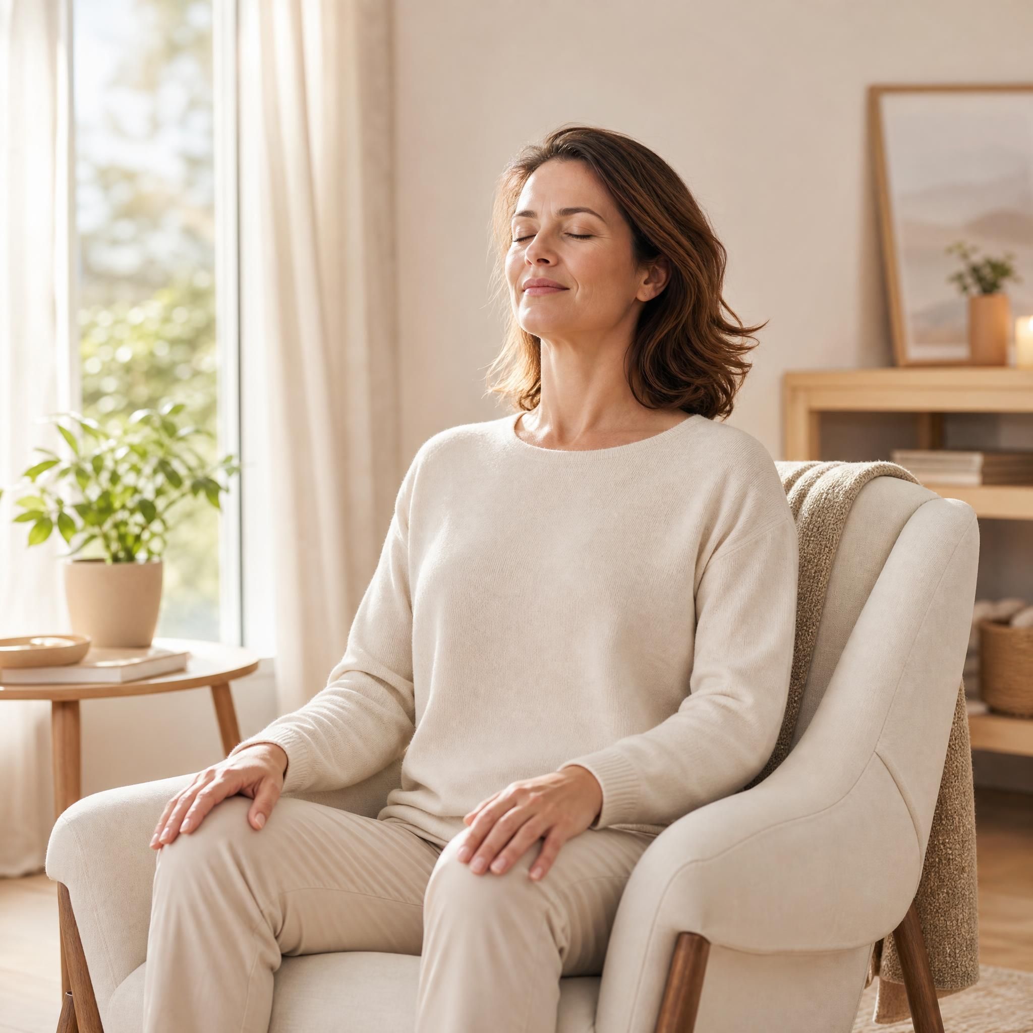 Femme d'environ 40 ans, yeux fermés, visage serein et détendu, assise dans un fauteuil confortable, les mains posées sur ses genoux, pratiquant un exercice de respiration profonde dans un espace chaleureux aux tons beige et bois clair, lumière naturelle douce filtrant par une fenêtre
