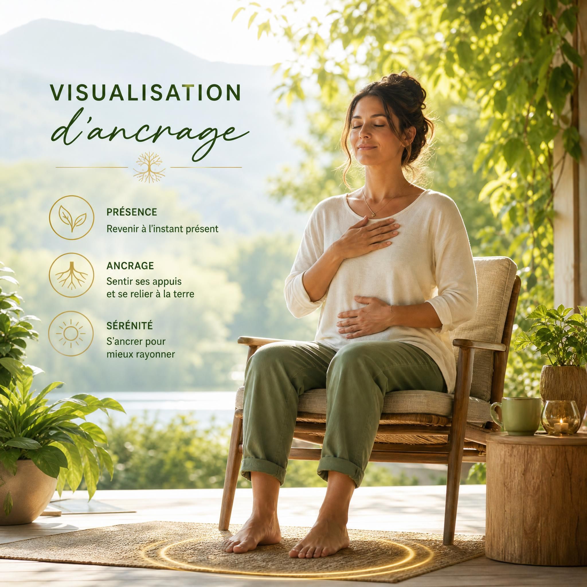 Femme pratiquant une visualisation d'ancrage, assise les pieds au sol dans un espace naturel lumineux, expression sereine et centrée, tons verts et dorés apaisants
