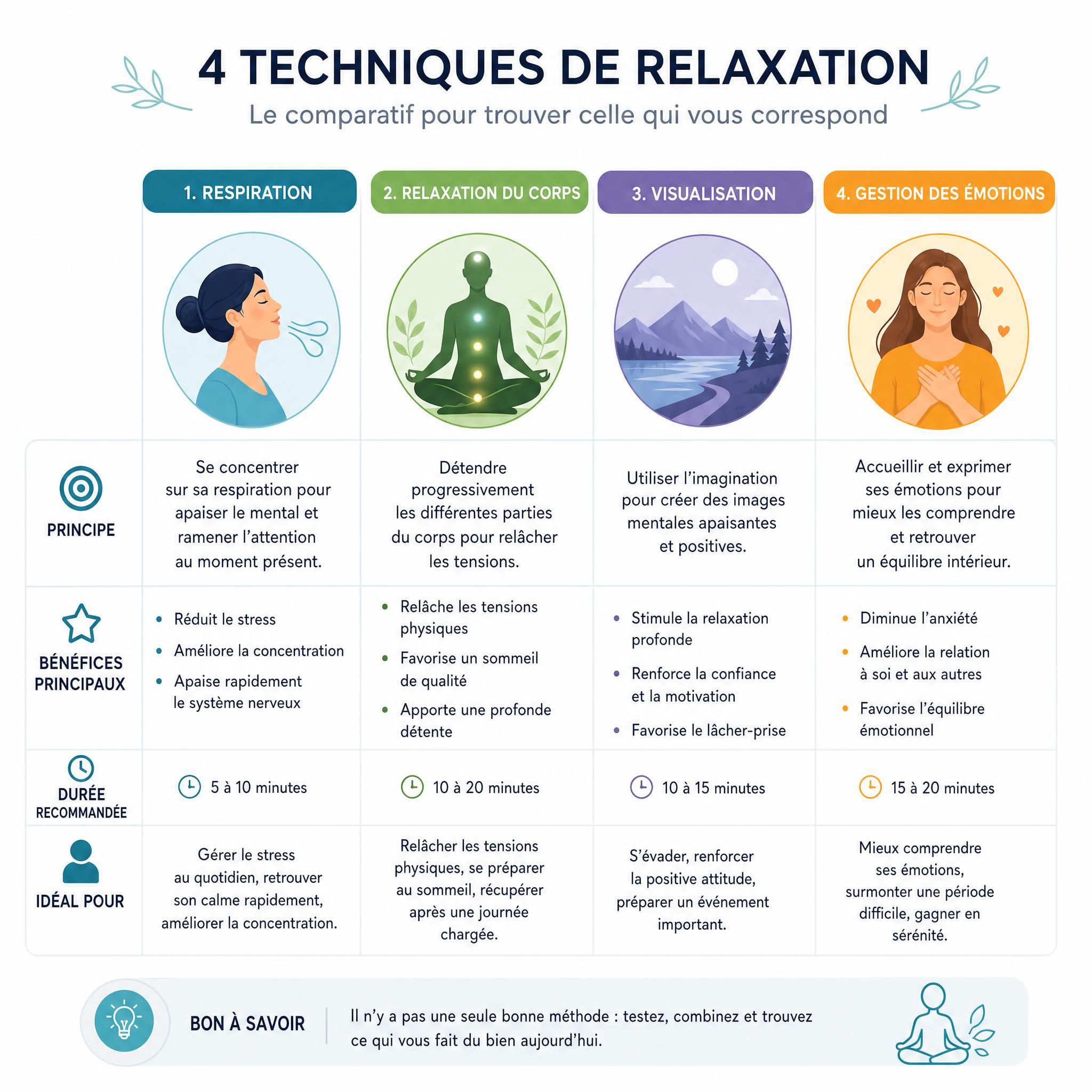 Tableau comparatif illustré des 4 techniques de relaxation avec icônes représentant respiration, corps, visualisation et émotions, fond blanc épuré style infographie bien-être