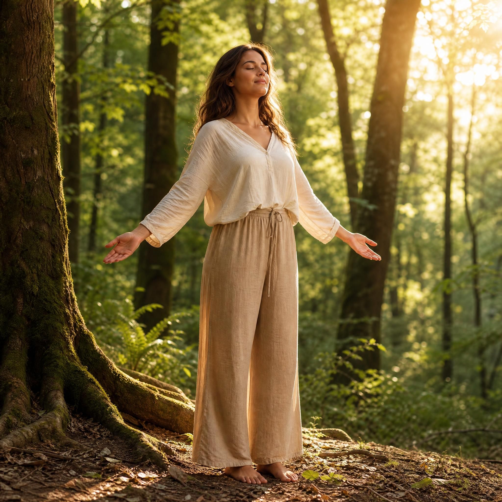 Femme debout pieds nus sur la terre, yeux fermés, bras légèrement ouverts, lumière dorée douce filtrant à travers les arbres, ambiance forêt apaisante et enracinée