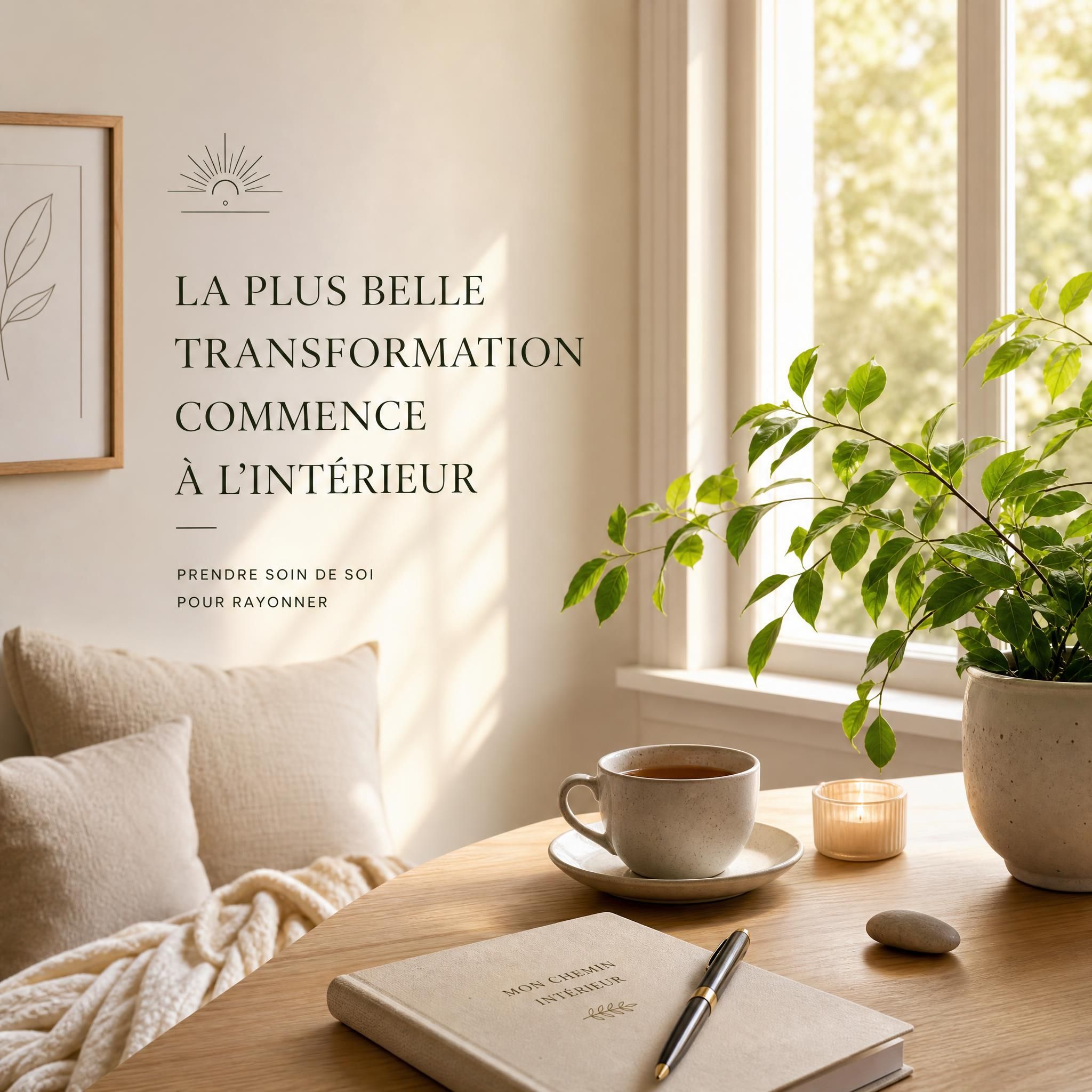 Image symbolisant la transformation intérieure — lumière douce traversant une fenêtre sur un espace de bien-être minimaliste, plante verte, carnet et tasse de thé, ambiance calme et ressourçante