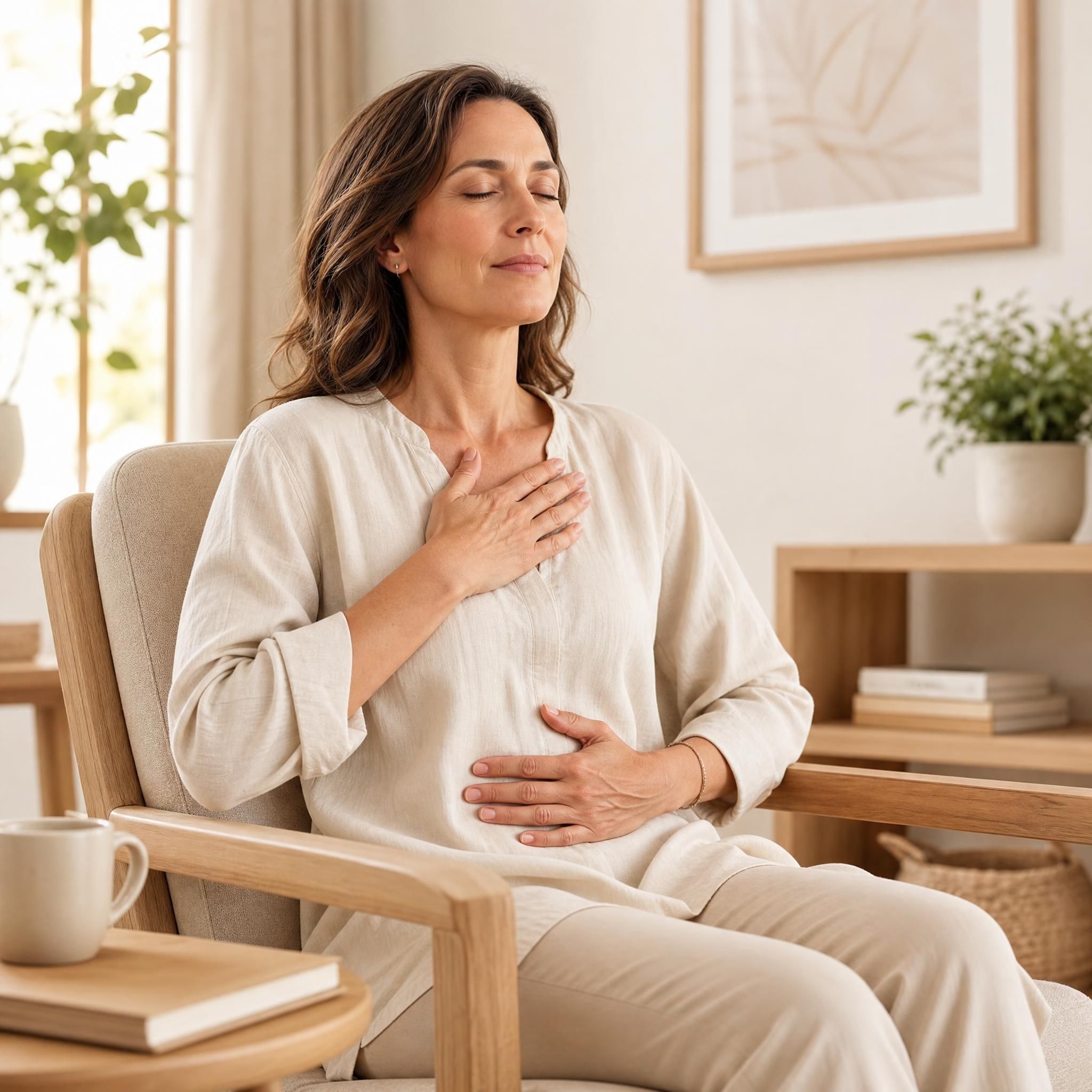 Femme d'environ 40 ans, yeux fermés, visage serein, assise dans un fauteuil chaleureux, pratiquant un exercice de respiration profonde dans un espace aux tons beige et bois clair, lumière naturelle douce