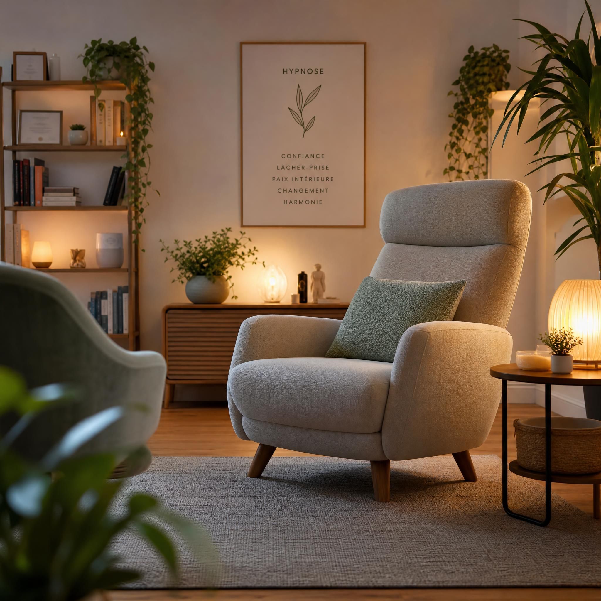 Espace de consultation chaleureux et apaisant pour une séance d'hypnose thérapeutique, fauteuil confortable, lumière tamisée, plantes, ambiance sécurisante et professionnelle