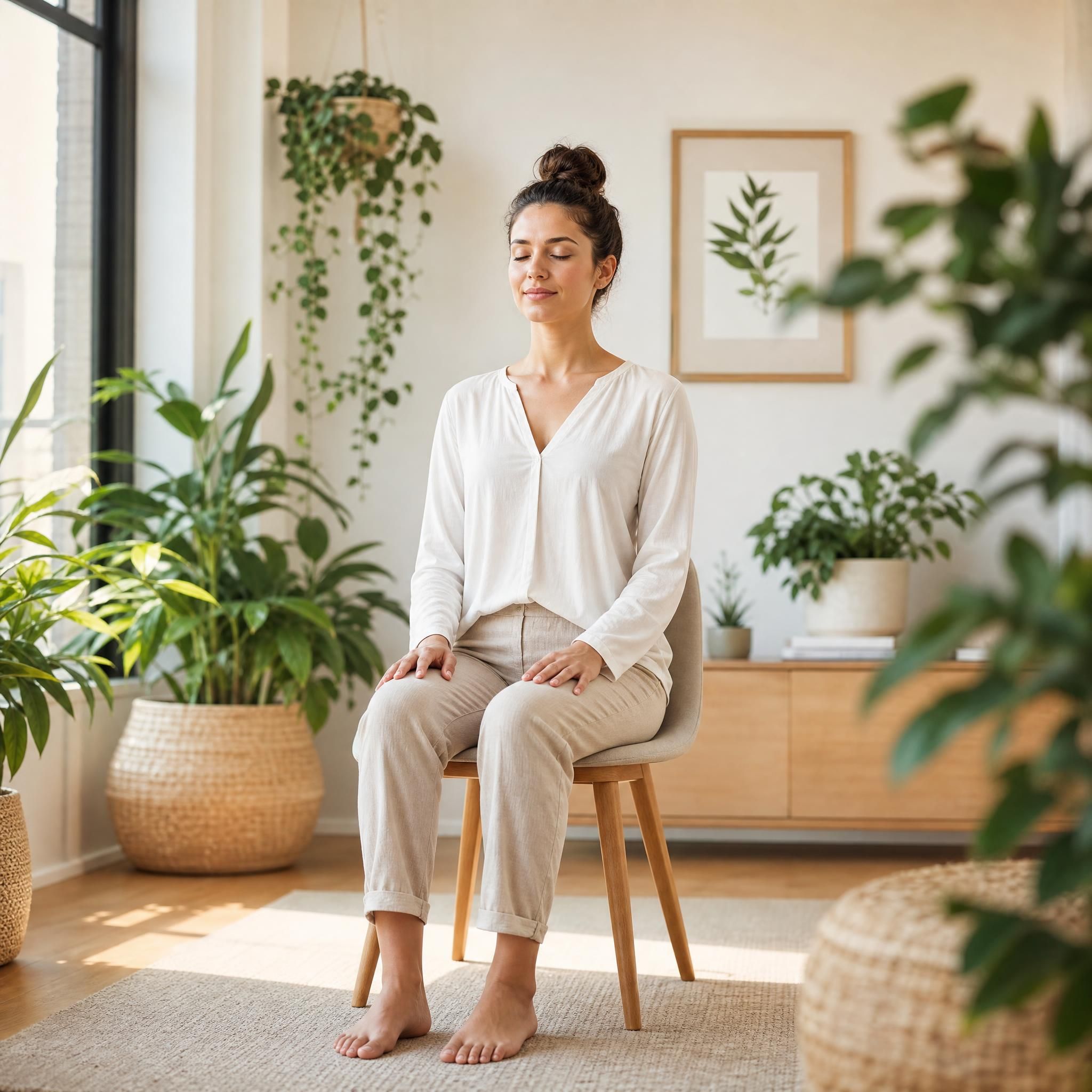 Femme en position assise, pieds au sol, dos droit, yeux fermés, expression sereine et ancrée, dans un espace intérieur lumineux avec plantes vertes, tons naturels doux