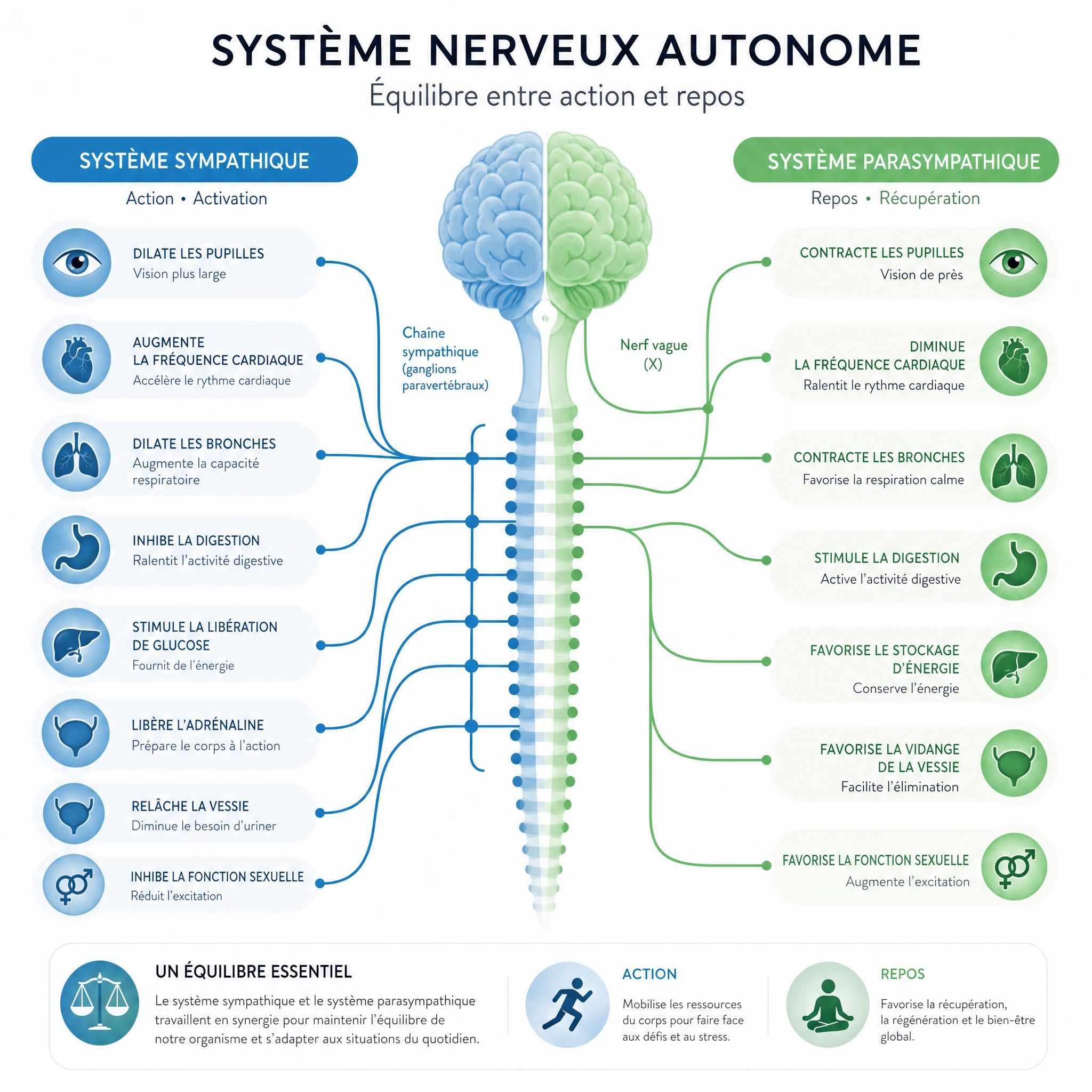 Illustration scientifique stylisée du système nerveux autonome avec les branches sympathique et parasympathique, tons bleus et verts apaisants, style infographique moderne