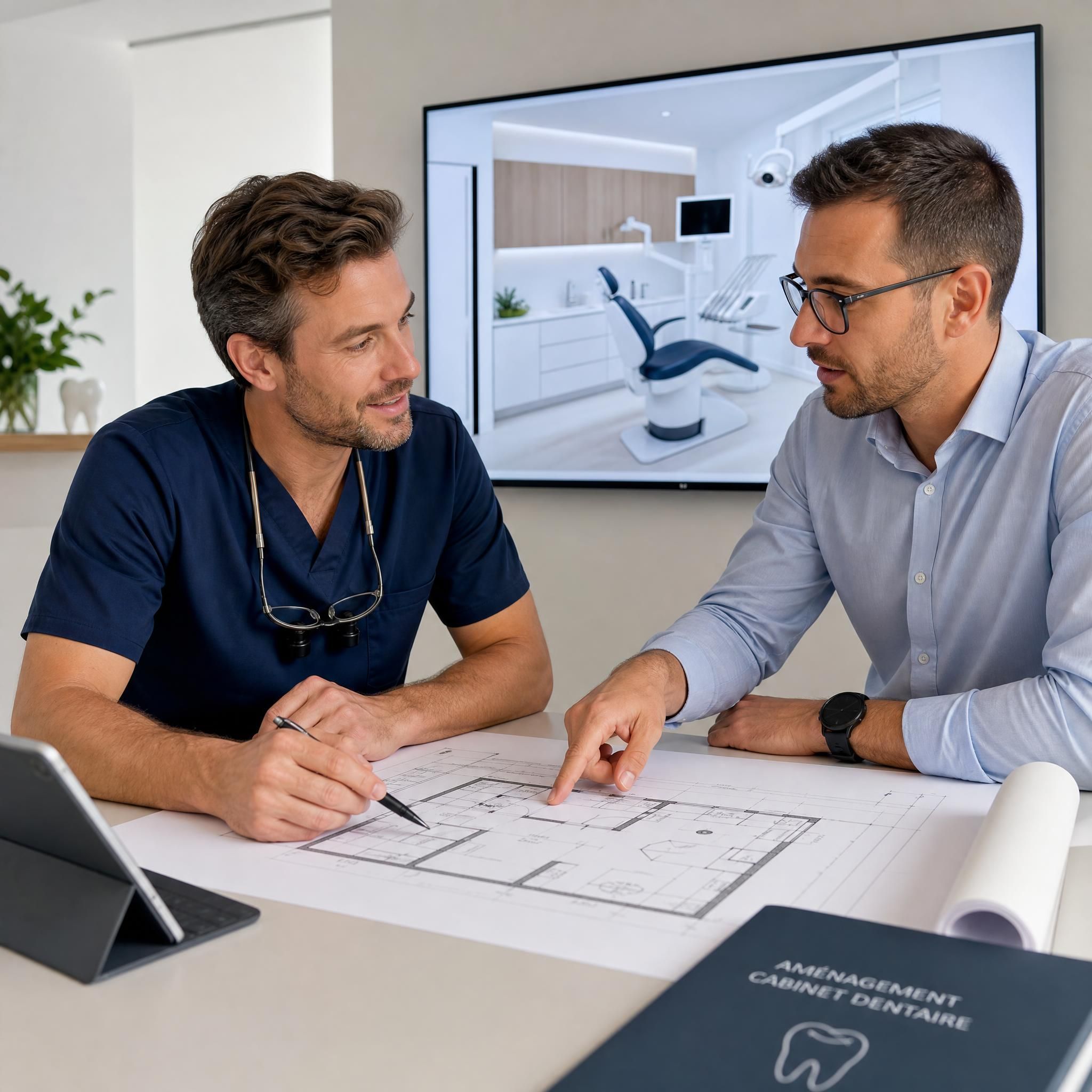 Praticien dentiste consultant les plans d'aménagement de son futur cabinet avec un expert technique