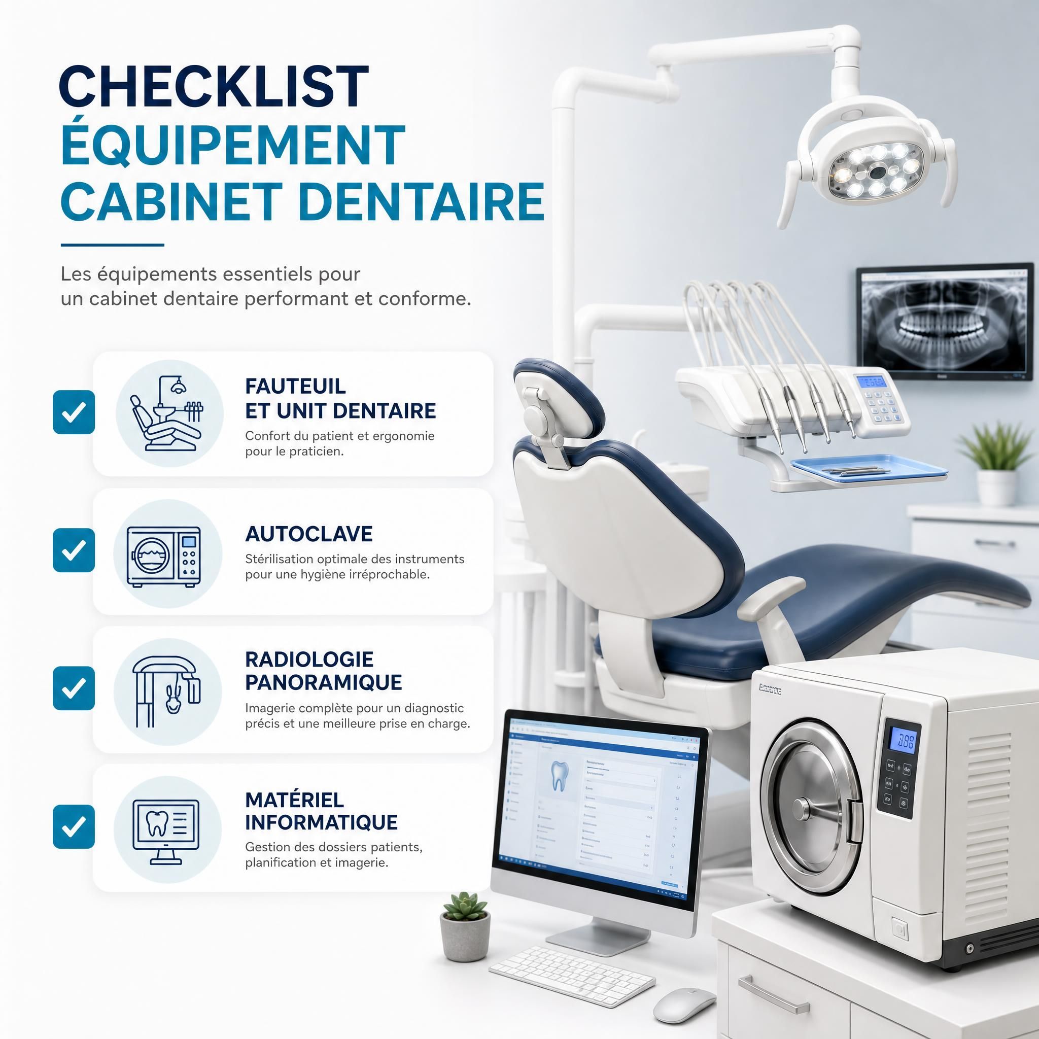 Checklist équipement cabinet dentaire avec fauteuil unit dentaire autoclave radiologie panoramique et matériel informatique