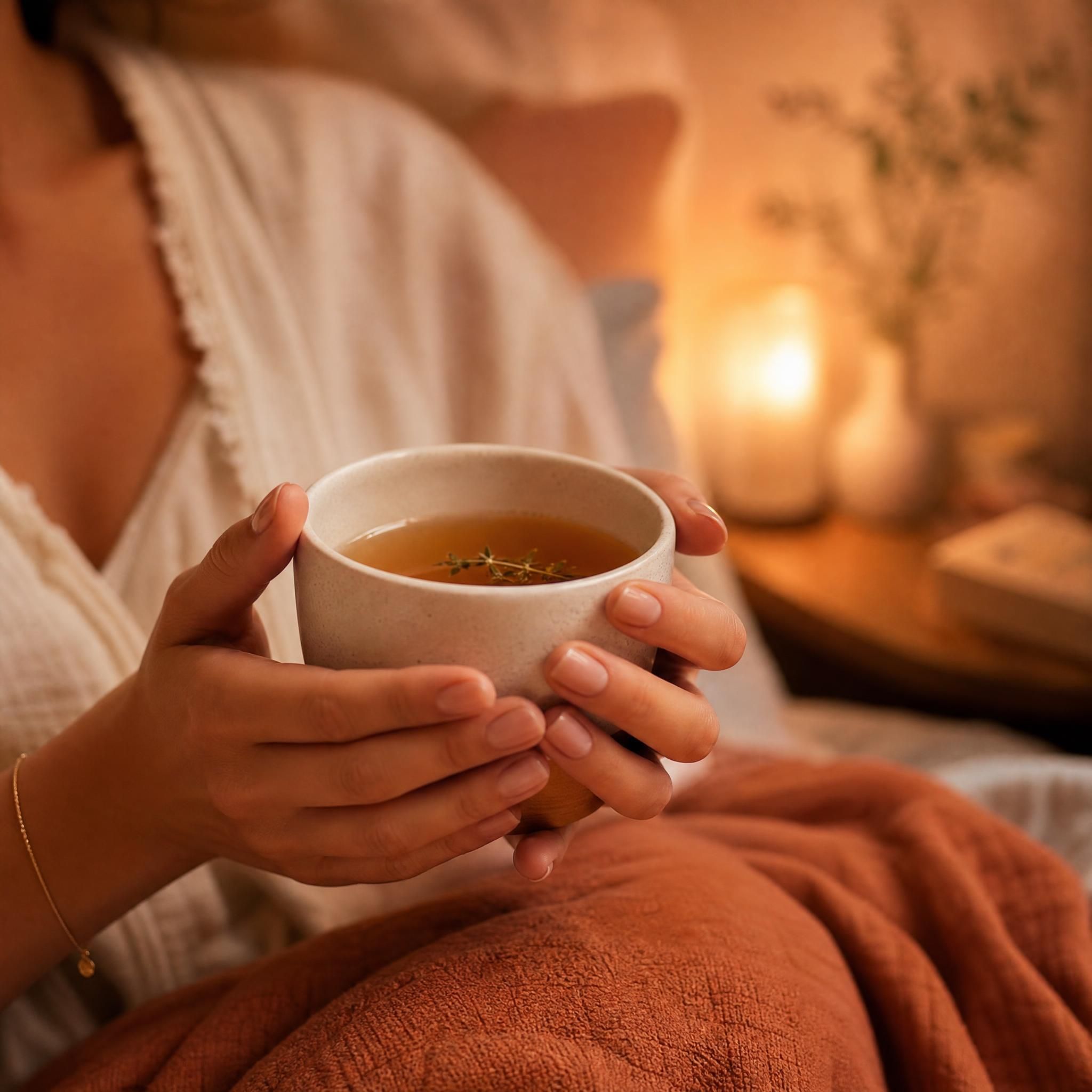 Mains d'une femme tenant une tasse de tisane chaude dans la lumière tamisée d'une chambre cosy, ambiance de détente et de rituel du soir, tons chauds beige et terracotta — gros plan