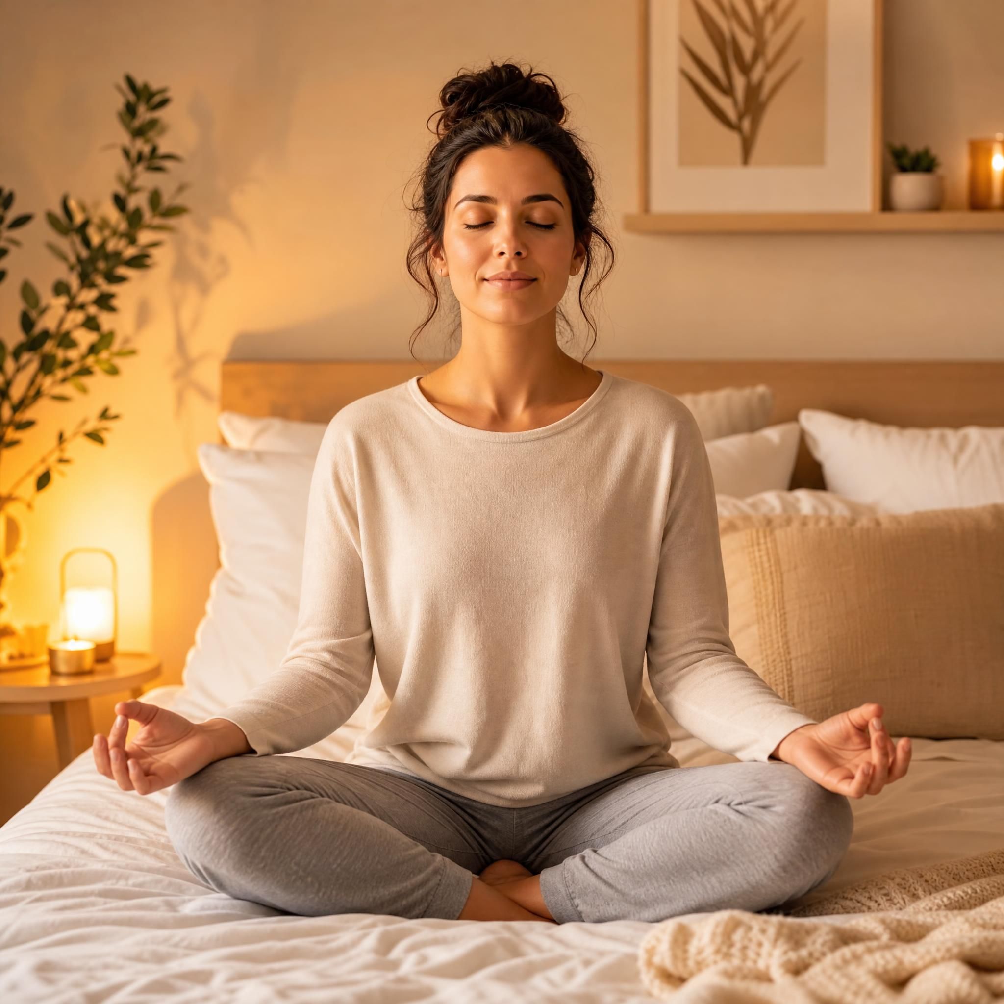 Femme assise en tailleur sur son lit, yeux fermés, mains posées sur les genoux, lumière tamisée dorée, expression de paix intérieure, ambiance de méditation douce — plan moyen
