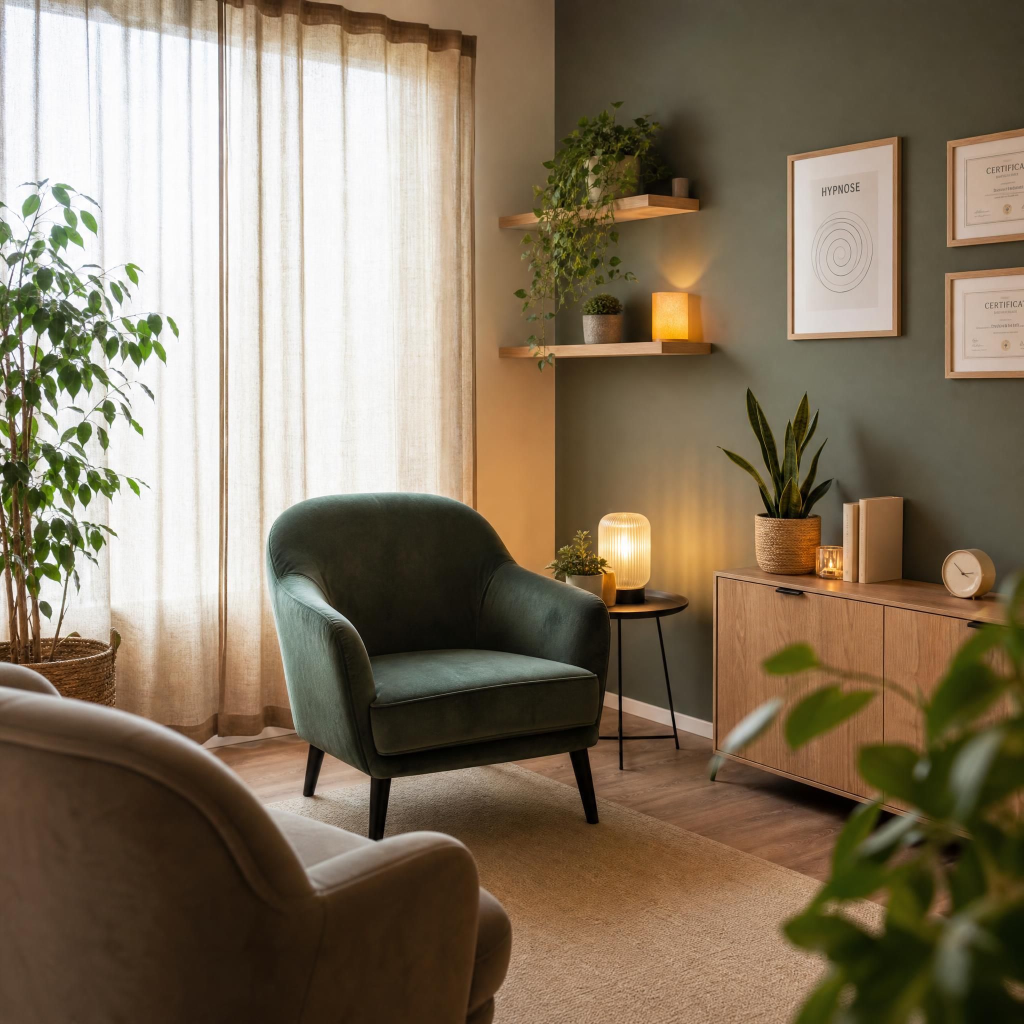 Vue d'un cabinet d'hypnose moderne et chaleureux avec un fauteuil confortable en velours doux, plantes vertes, lumière naturelle tamisée par des rideaux en lin, ambiance de confiance et de bienveillance — plan large