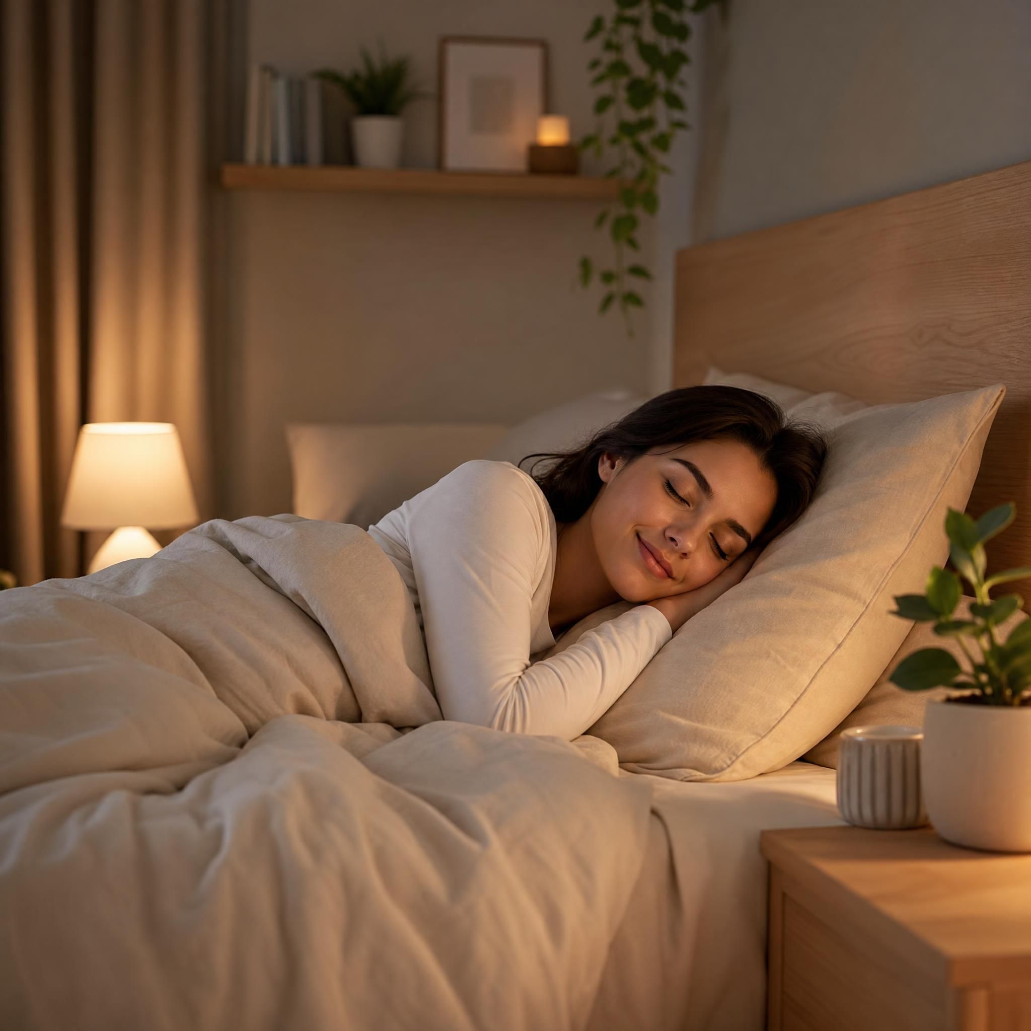 Femme qui s'endort paisiblement dans une chambre tamisée aux tons doux beige et bois clair, draps doux, lumière douce en fond, ambiance de sécurité et de sérénité — plan moyen