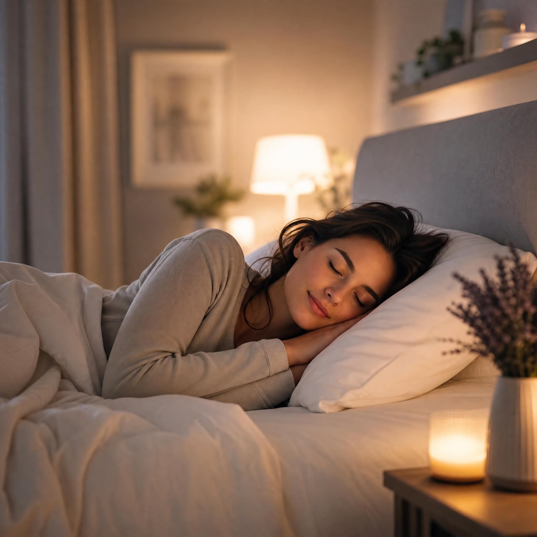 Femme sereine qui s'endort paisiblement dans une chambre tamisée aux tons doux, draps blancs, lumière douce en fond — plan moyen, ambiance bienveillante et apaisante