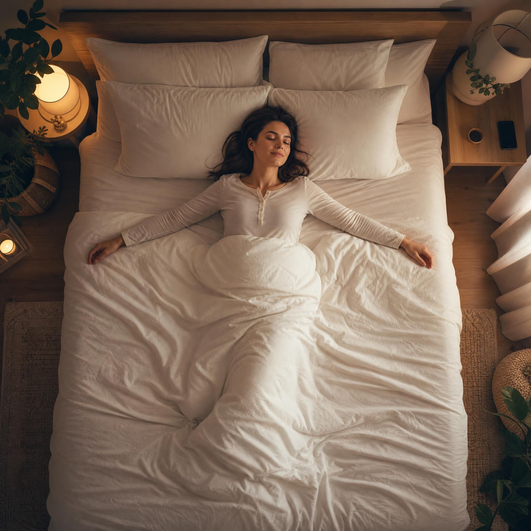 Vue de dessus d'une personne allongée sereinement dans un lit, posture ouverte et détendue, draps doux, lumière tamisée chaude — plan large, ambiance de paix profonde