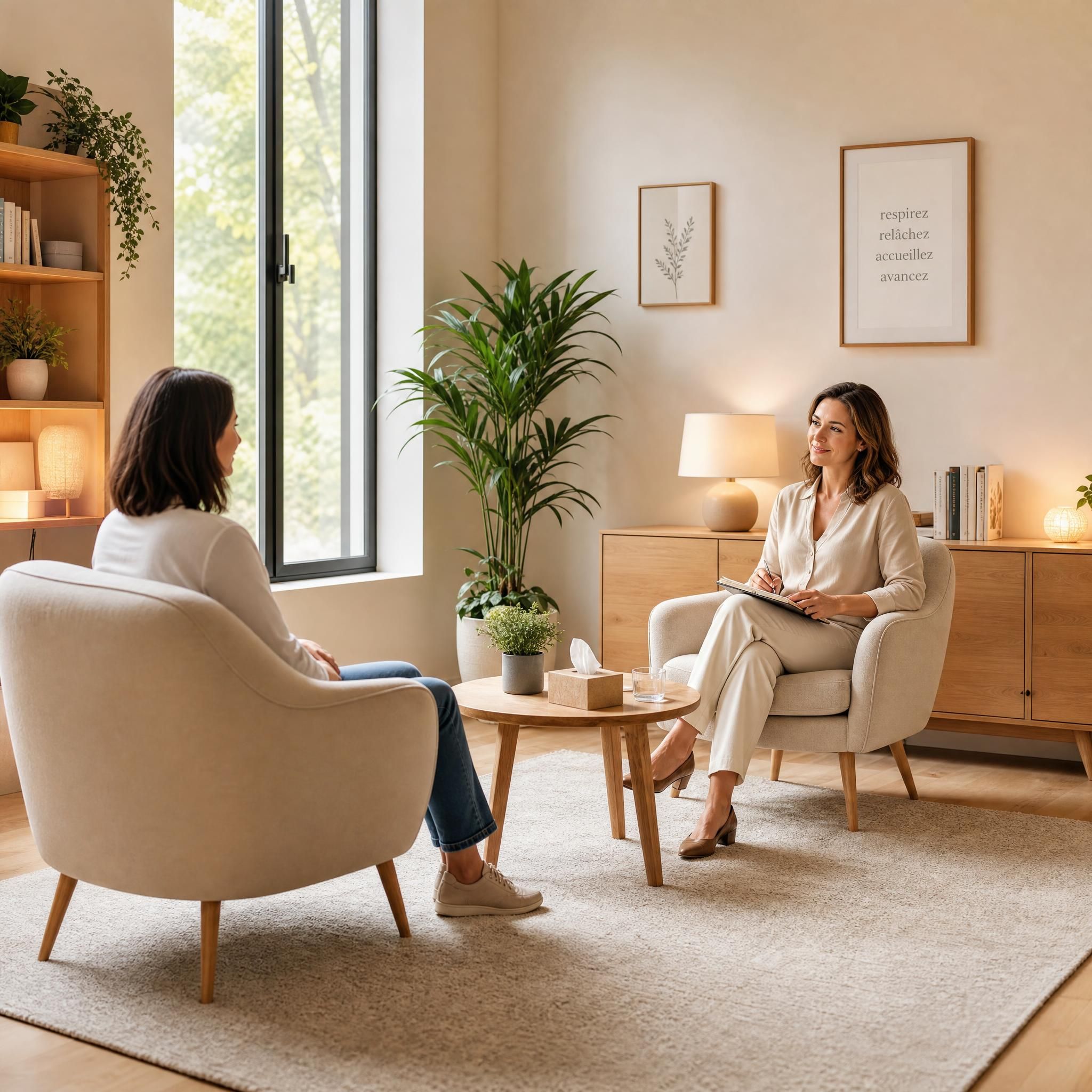 Hypnothérapeute et patiente dans un cabinet moderne et chaleureux aux tons beige et bois clair, lumière naturelle douce, ambiance de confiance et de bienveillance — plan large