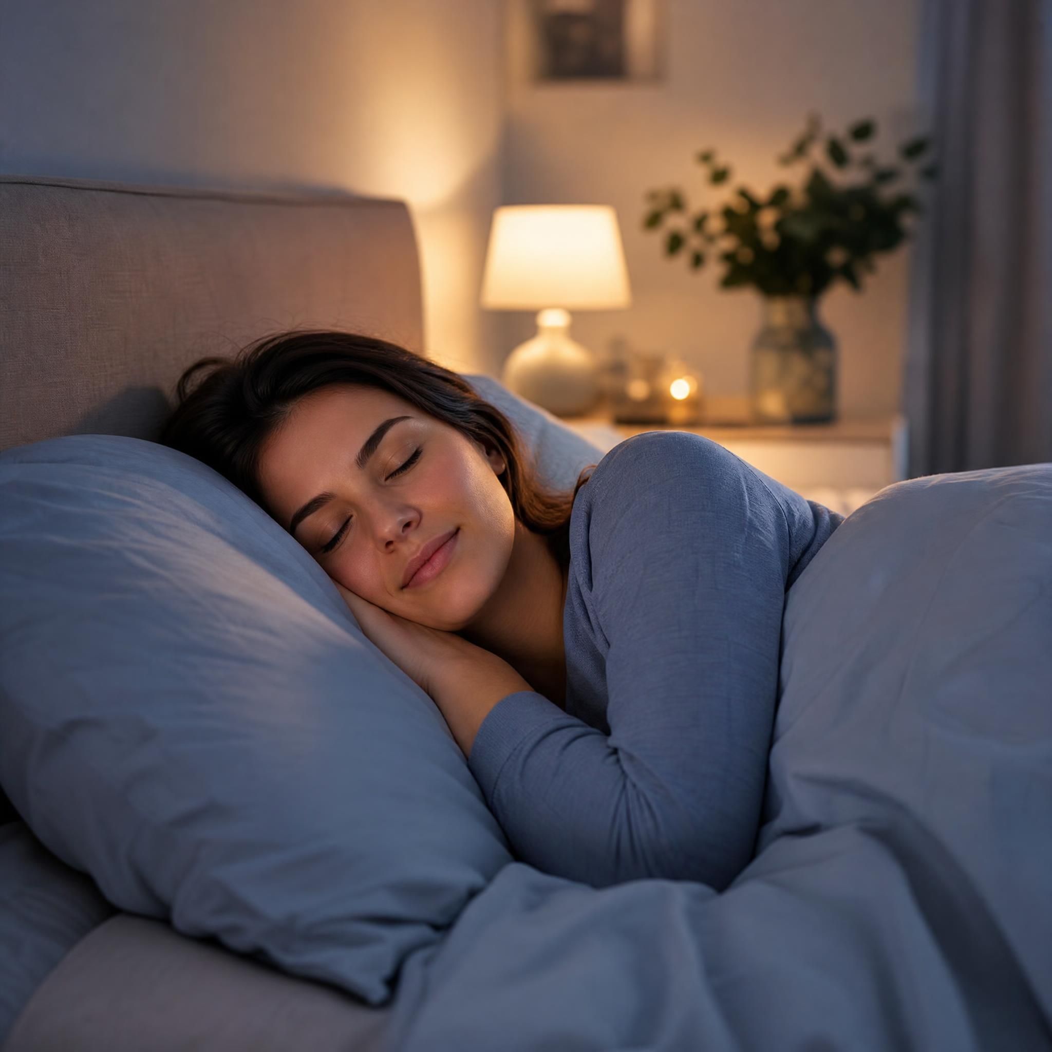 Femme qui s'endort paisiblement dans une chambre tamisée, draps doux, lumière douce et apaisante en fond — plan moyen