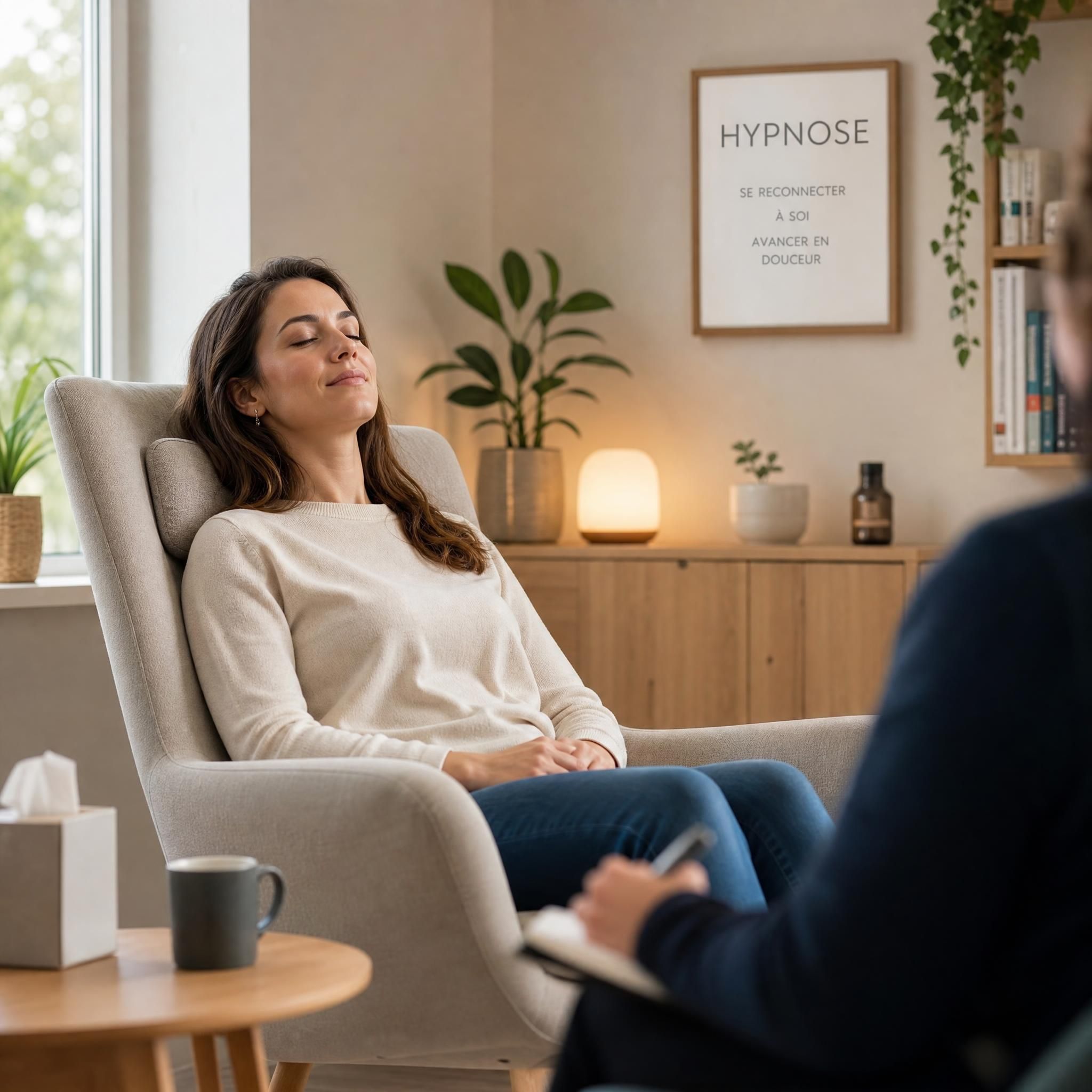 Femme d'une trentaine d'années assise dans un fauteuil confortable dans un cabinet d'hypnose chaleureux, yeux fermés, expression apaisée, lumière naturelle douce — plan moyen
