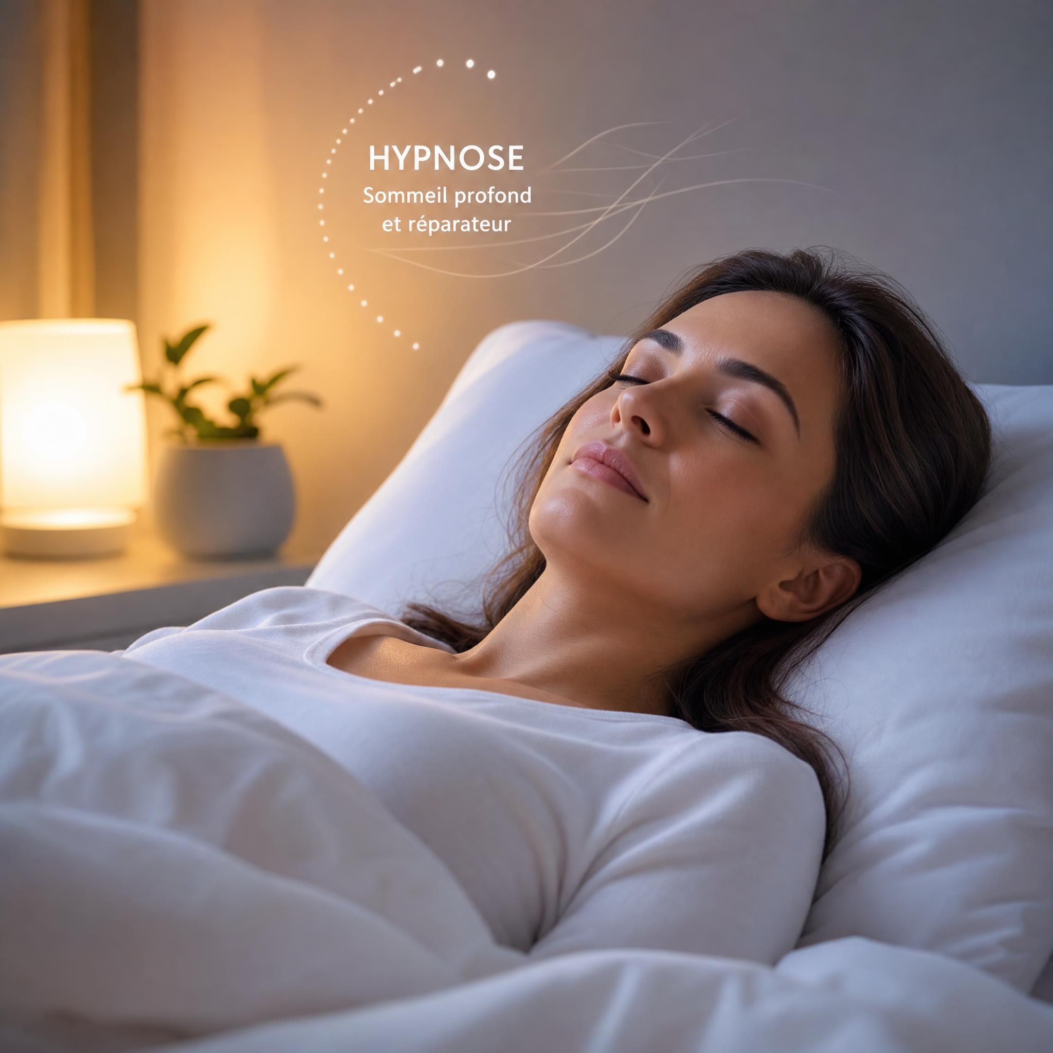Femme allongée paisiblement dans une chambre tamisée aux tons doux, lumière douce en fond, draps blancs, expression de paix profonde — séance d'hypnose pour les troubles du sommeil