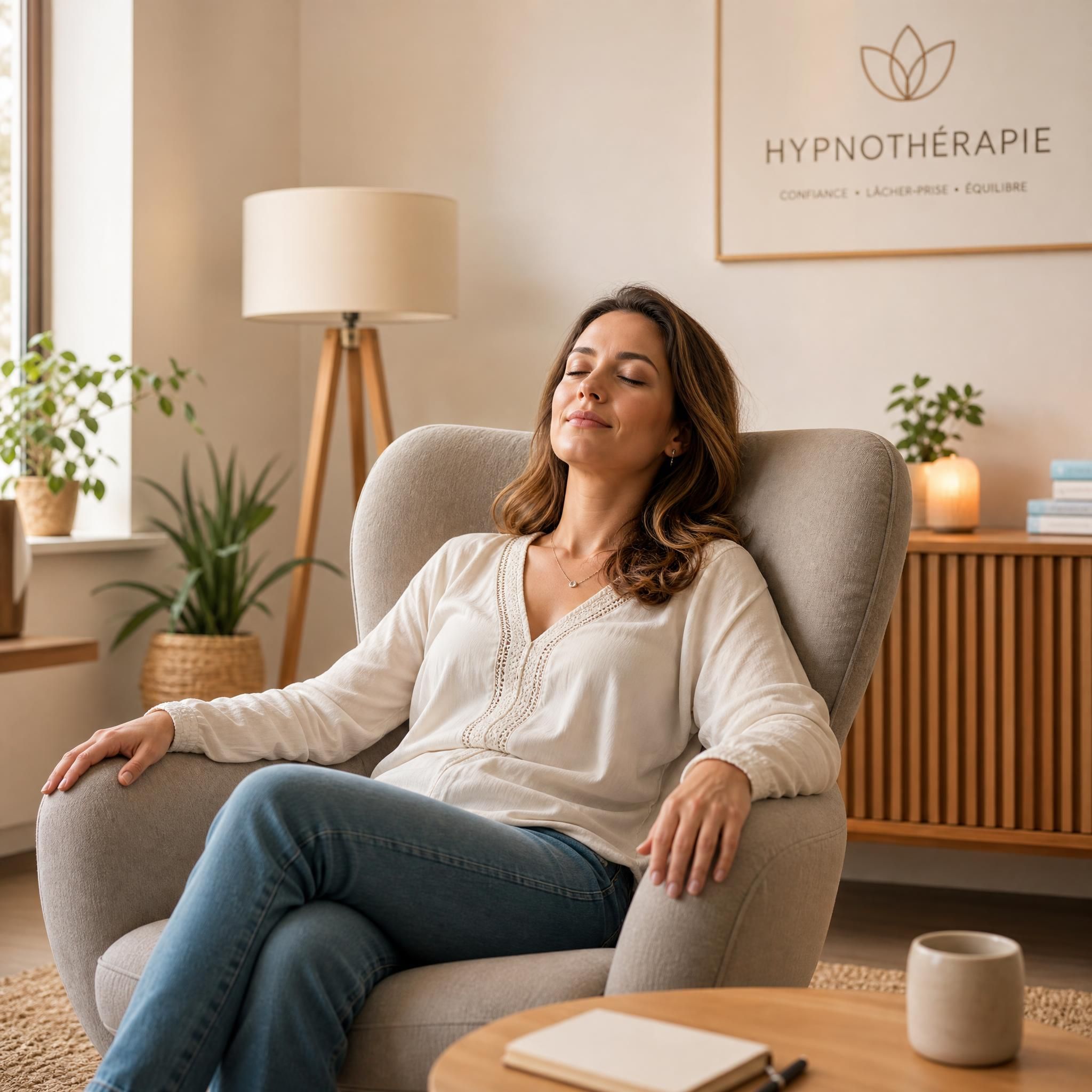 Femme d'une trentaine d'années assise dans un fauteuil confortable, yeux mi-clos, expression sereine et détendue, cabinet d'hypnothérapie moderne aux tons chauds, lumière naturelle douce