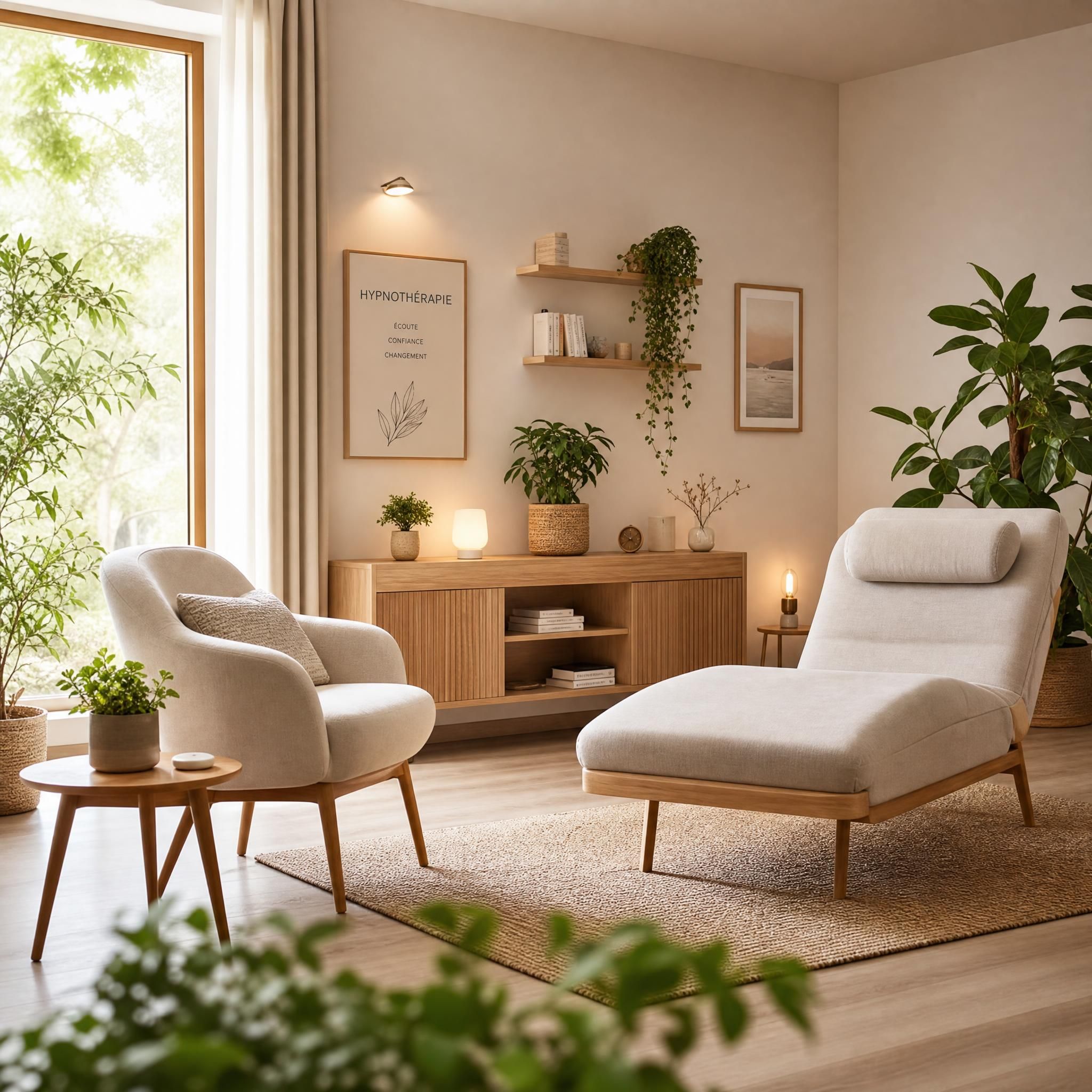 Vue comparative et apaisante d'un cabinet d'hypnothérapie moderne aux tons beige et bois clair, avec plantes vertes et lumière naturelle douce, évoquant un espace de soin bienveillant — plan large format 16:9