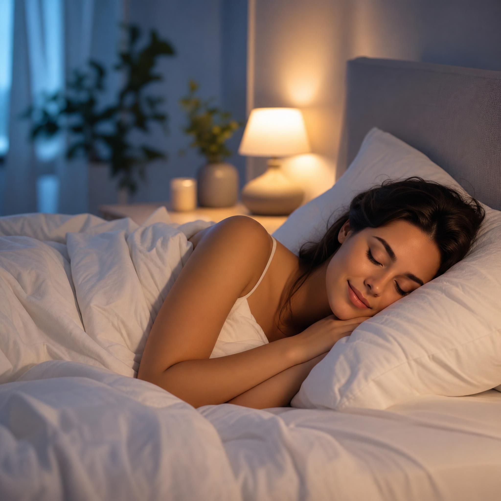 Femme paisible qui s'endort dans une chambre tamisée aux tons doux, draps blancs, lumière douce en fond, ambiance sereine et apaisante — plan moyen format 16:9