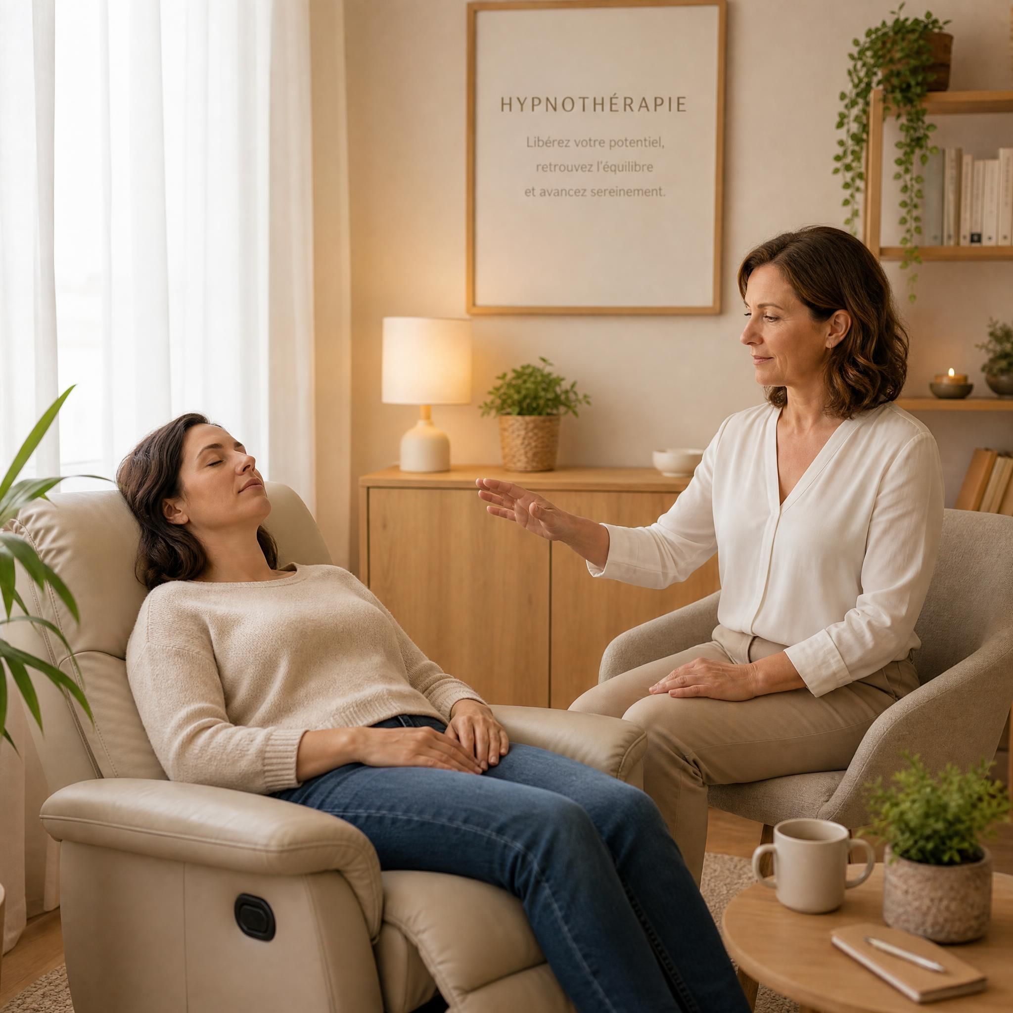 Hypnothérapeute en cabinet chaleureux aux tons beige et bois clair, accompagnant une personne en état de relaxation profonde, lumière naturelle douce, ambiance bienveillante et apaisante